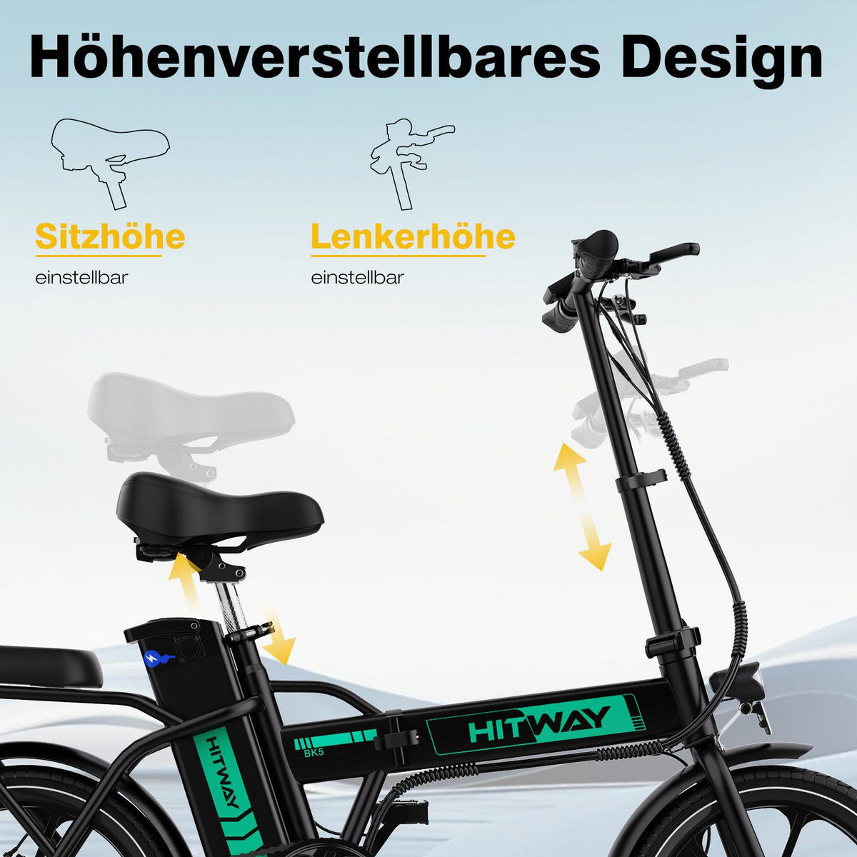 E BIKE Klapprad BK5S Leicht & Kompakt für Stadt & Bahn - 85% vormontiert mit 36Vh/10,4Ah abnehmbarer Akku - Schwarz, Metall (37cm) - HITWAY