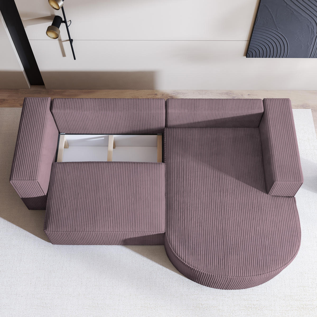 ECKSOFA SORELA P R-S Lila Kordstoff mit Schlaffunktion - Lila, Holz (263/174cm) - MASSENO