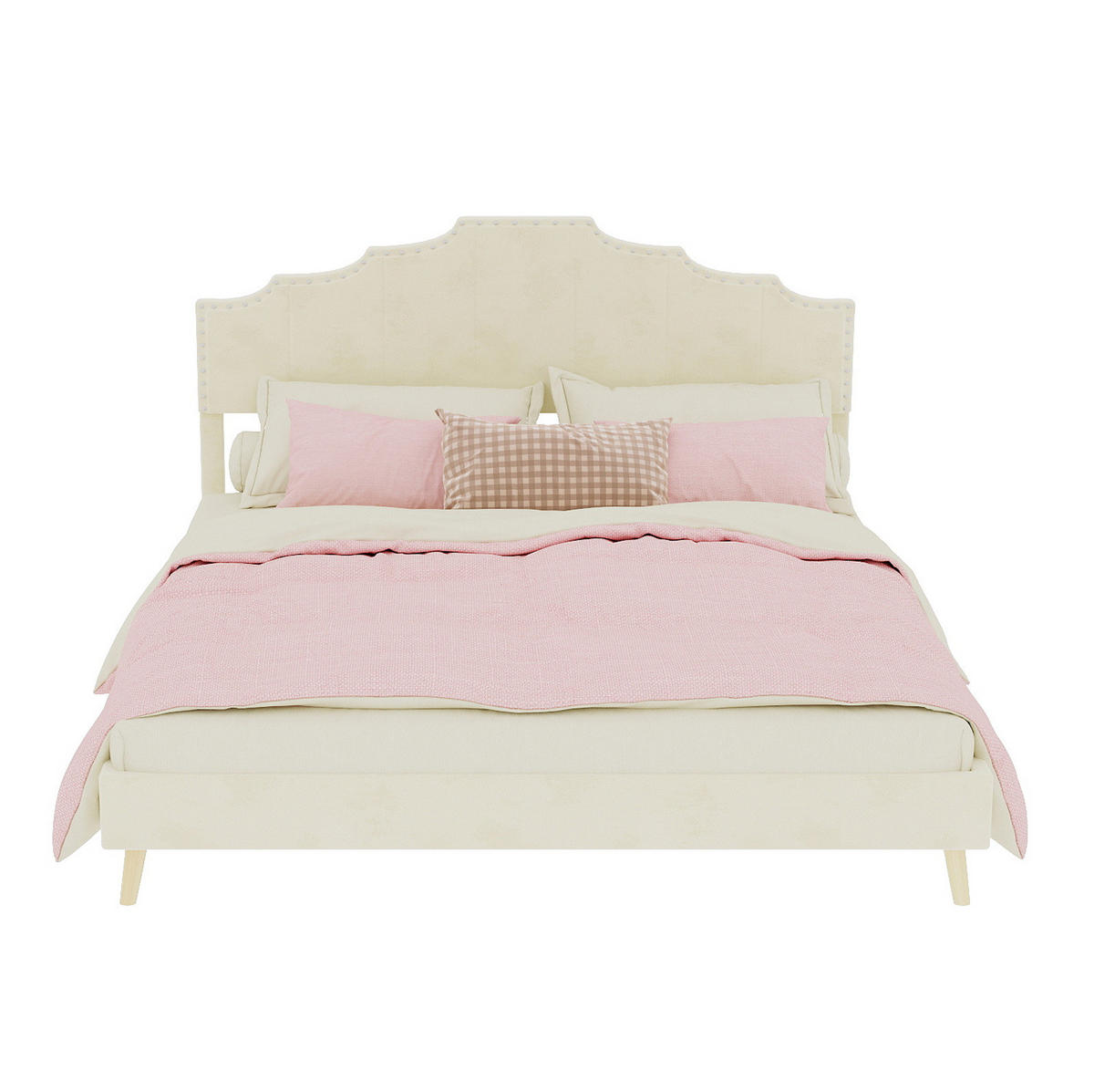 POLSTERBETT 160/200 cm mit Matratze, geometrischem Kopfteil und Lattenrost, Beige - Beige, Textil (160/200cm) - Redom