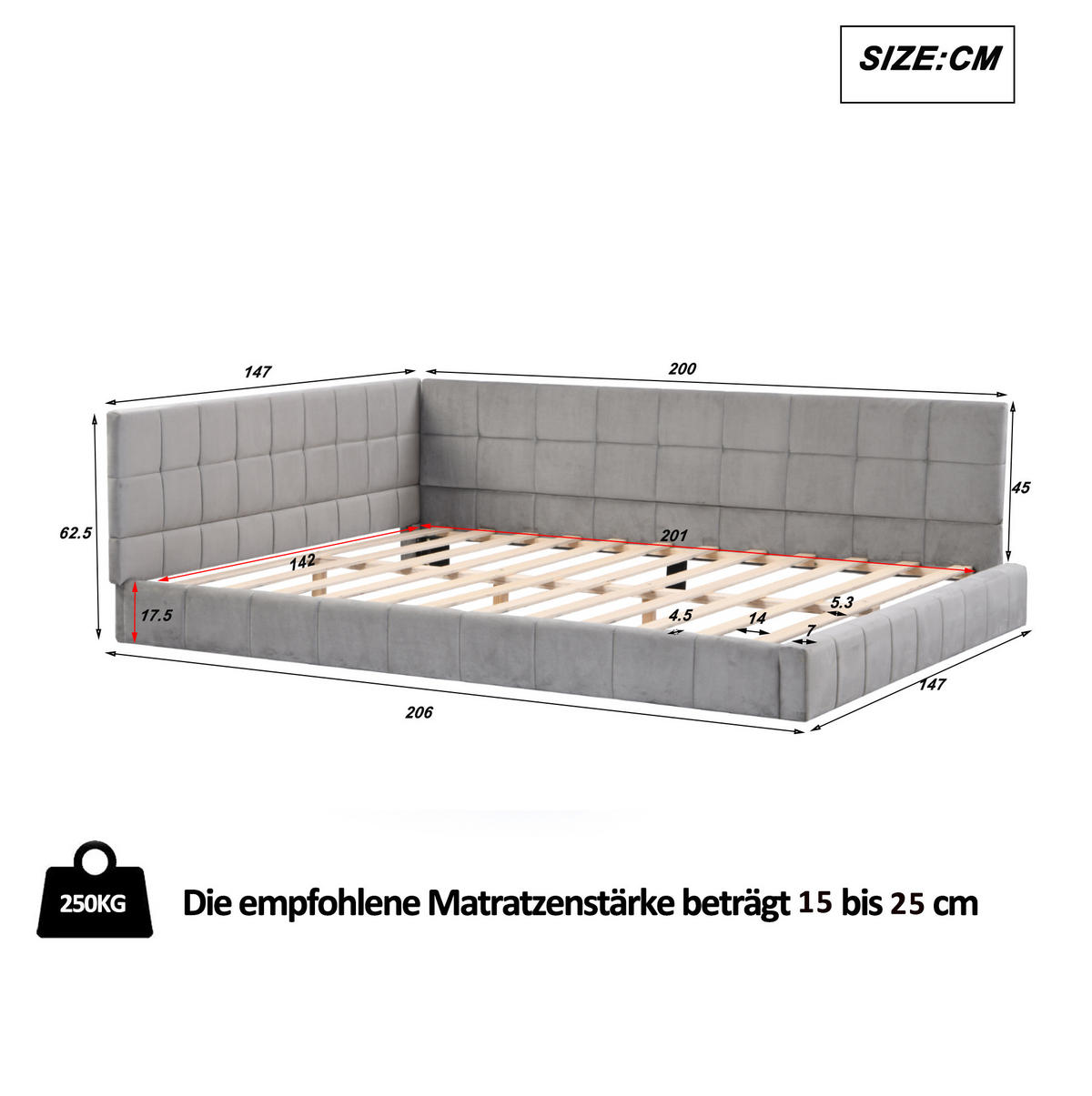 SAMT-POLSTERBETT 140/200 cm inkl. Lattenrost in Grau mit gepolstertem Kopfteil - Grau, Leder (140/200cm) - BEAOK