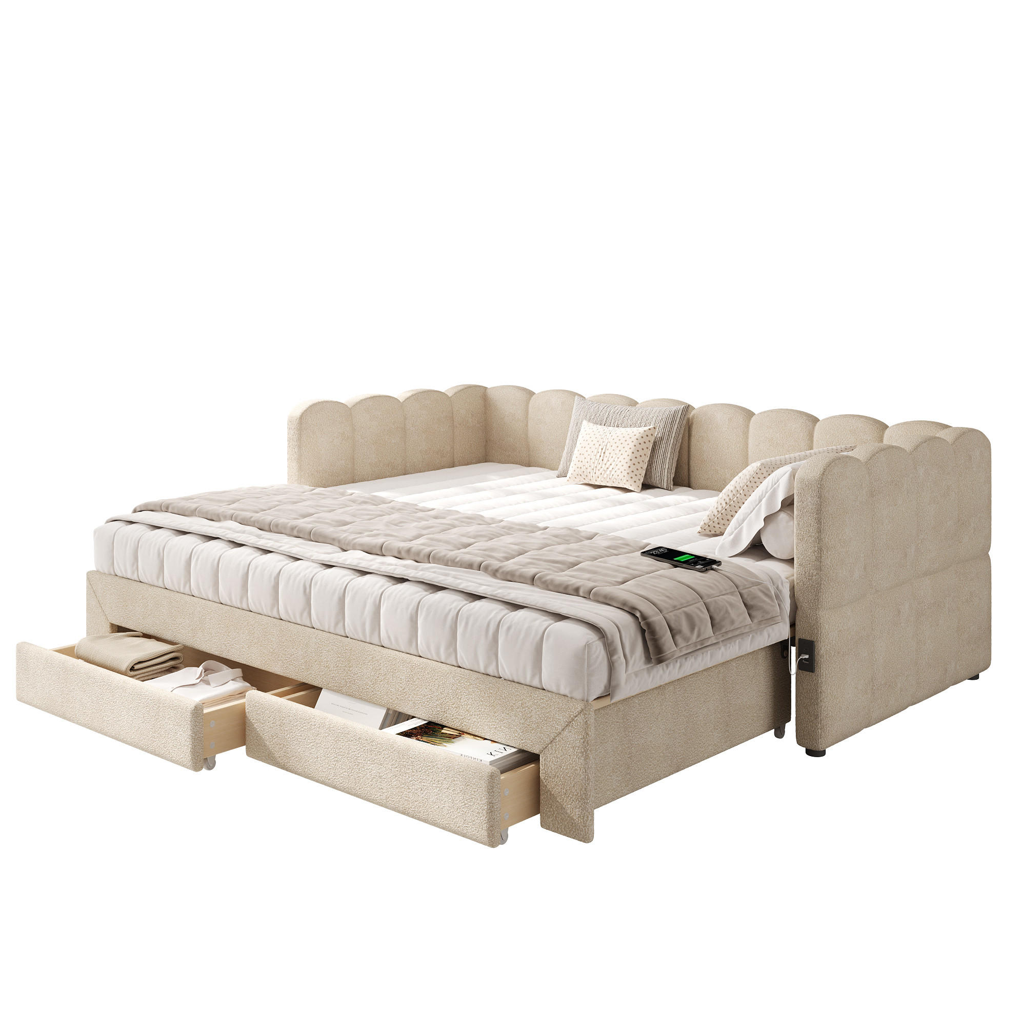 TAPECIRANI krevet na izvlačenje od šenila 210x100x73 cm bež s 2 ladice, USB i Type-C priključkom - bež, tekstil (90/190cm) - Modfu