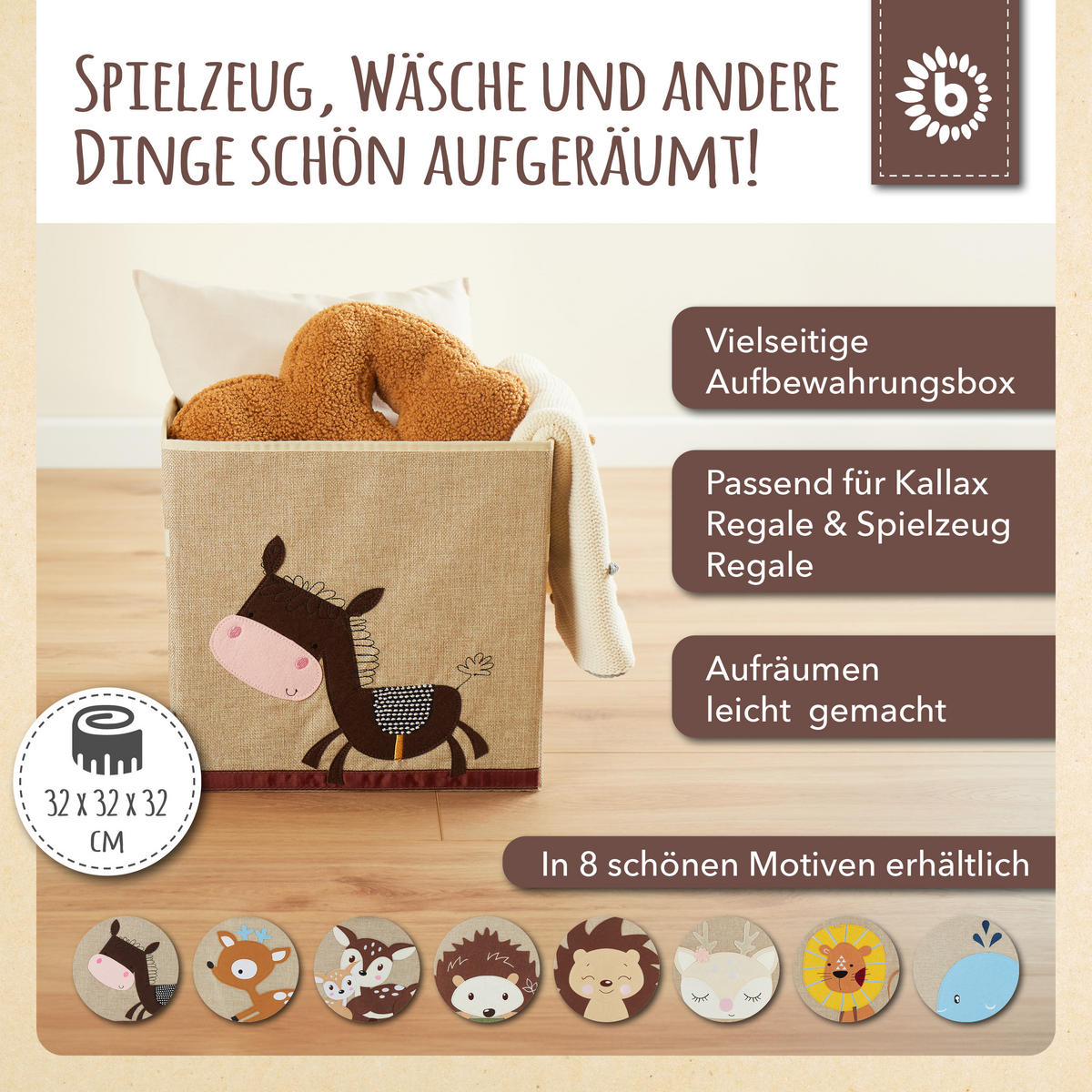 AUFBEWAHRUNGSBOX Kinder Kallax Esel - Beige/Dunkelbraun, Textil (33/33cm) - Bieco Spielwaren