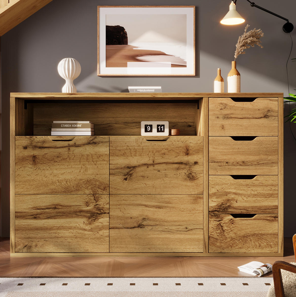 SIDEBOARD 150/40/90 cm eichefarben aus MDF und Metall mit 4 Schubladen und Softclose - Eichefarben, Holzwerkstoff (150/90/40cm) - OKWISH