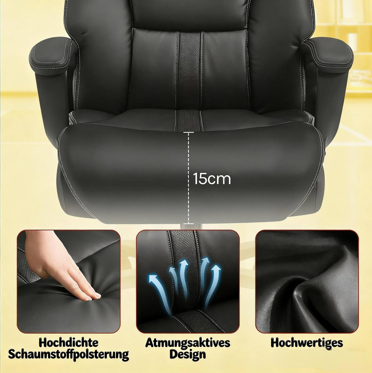 DREHSTUHL 86/72/127 cm schwarz aus Metall und PU mit Kopfstütze - Schwarz, Metall (86/127/72cm) - OKWISH