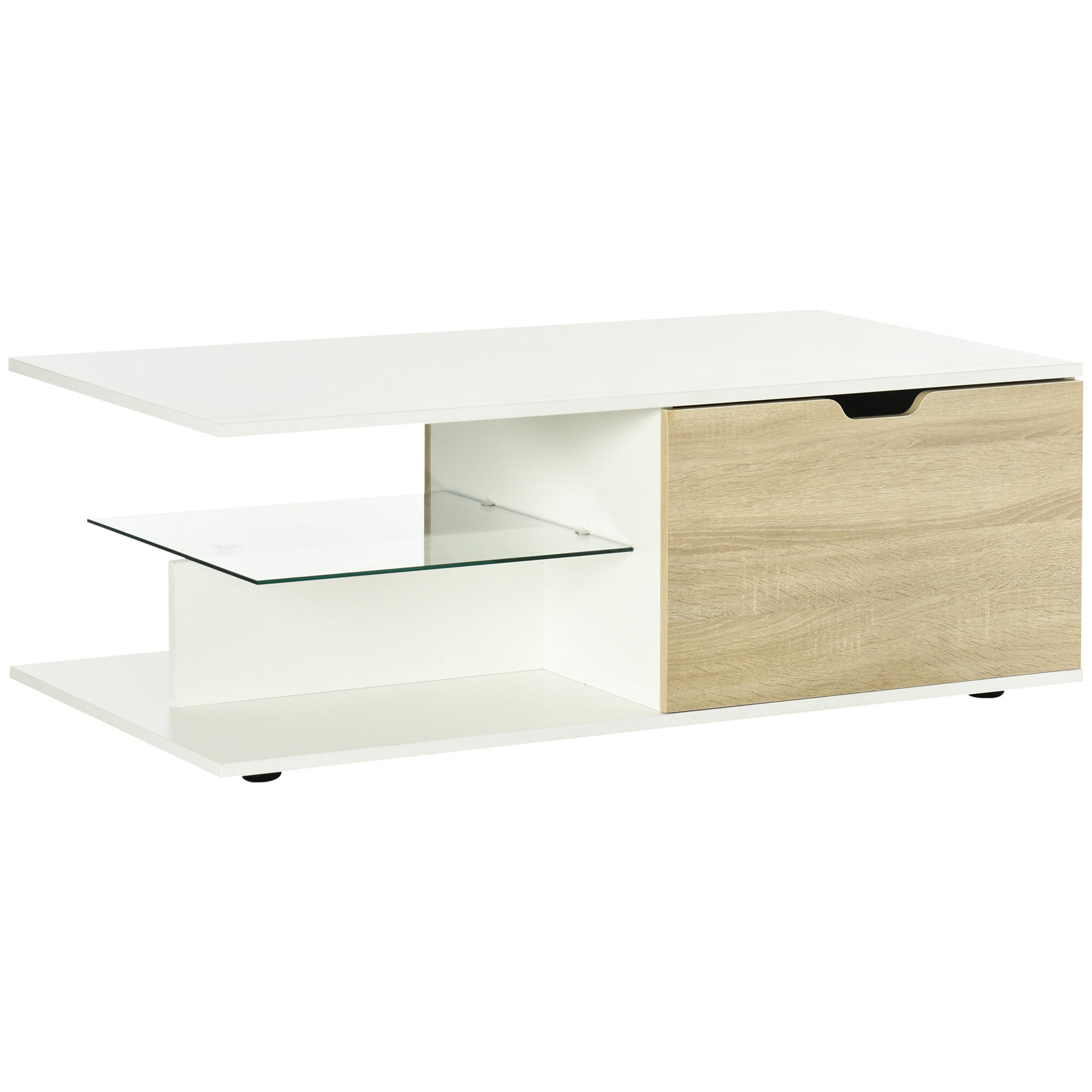 COUCHTISCH DE-15742 mit 2 Schubladen & Glasablage Weiß - Weiß, Holzwerkstoff (106/58/39cm) - ComfortXL