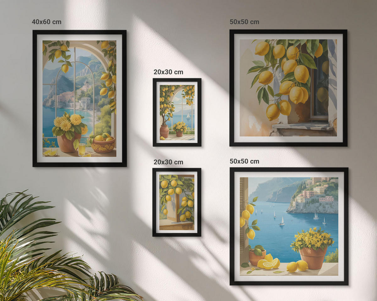 BILDER SET 5er Set - 50x50 cm & 20x30 cm & 40x60 cm Schwarzer Rahmen - Meerblick, italienische Zitronen - Schwarz, Kunststoff (40/60cm) - TULUP