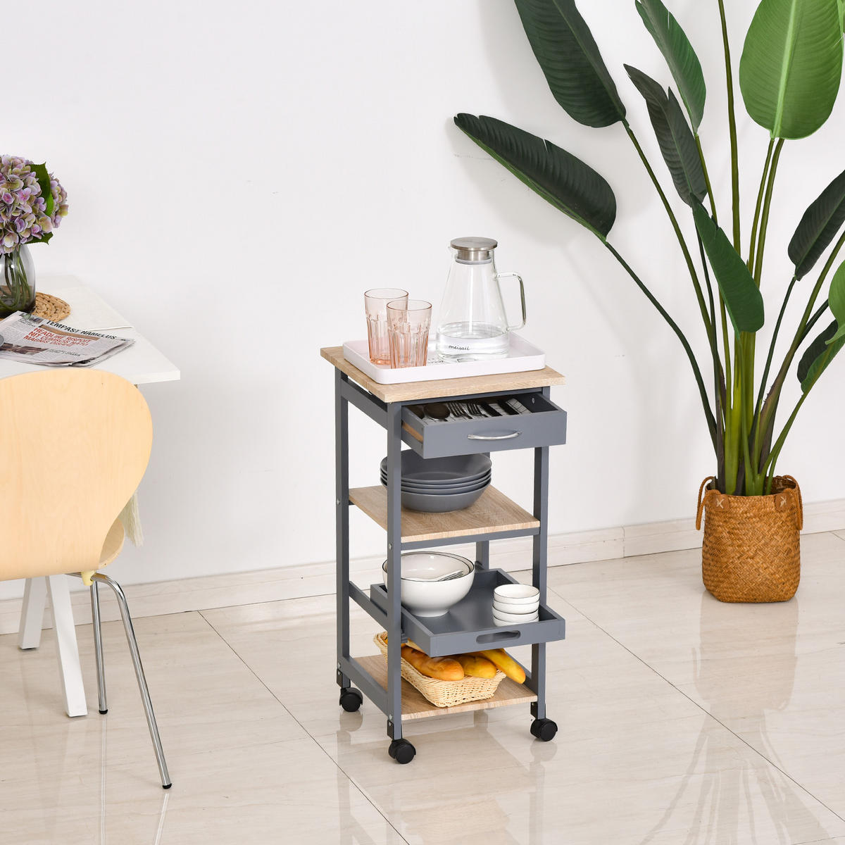 SERVIERWAGEN DE-17080 Grau & Hell-Eiche - Grau, Holzwerkstoff (37/76/37cm) - ComfortXL