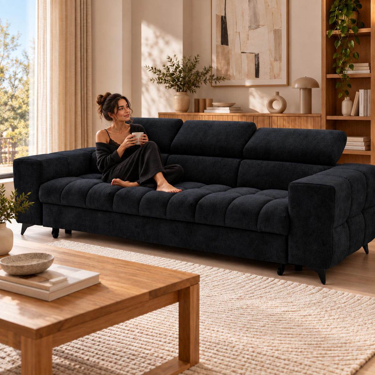 3-SITZER Sofa PUDDING mit Schlaffunktion 127x190 Velours Schwarz - Schwarz, Holz/Textil (260/90/100cm) - Muffo