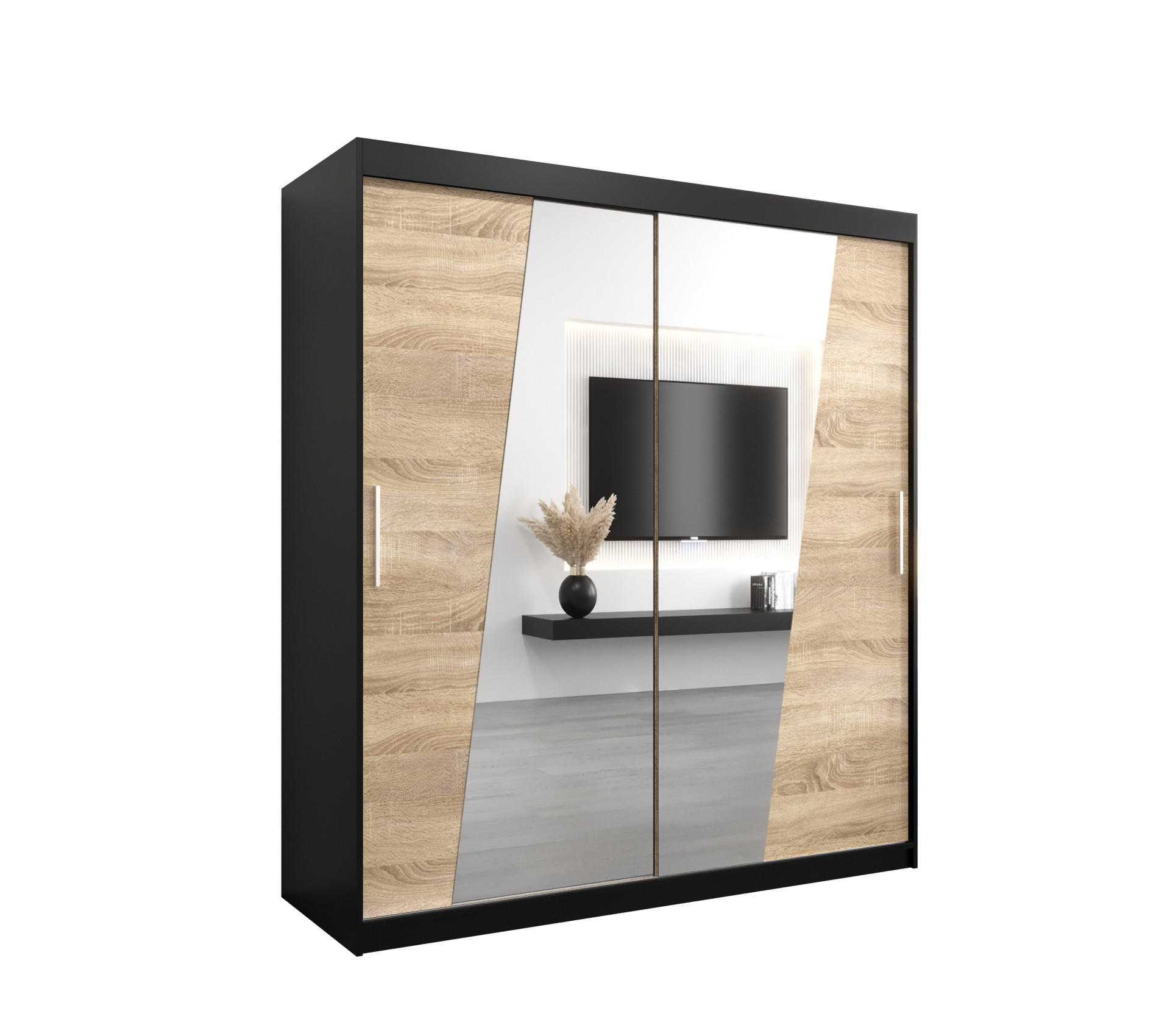 Abiks Möbel Schwebetürenschrank Schwarz, Sonoma Eiche 180x200x62 cm