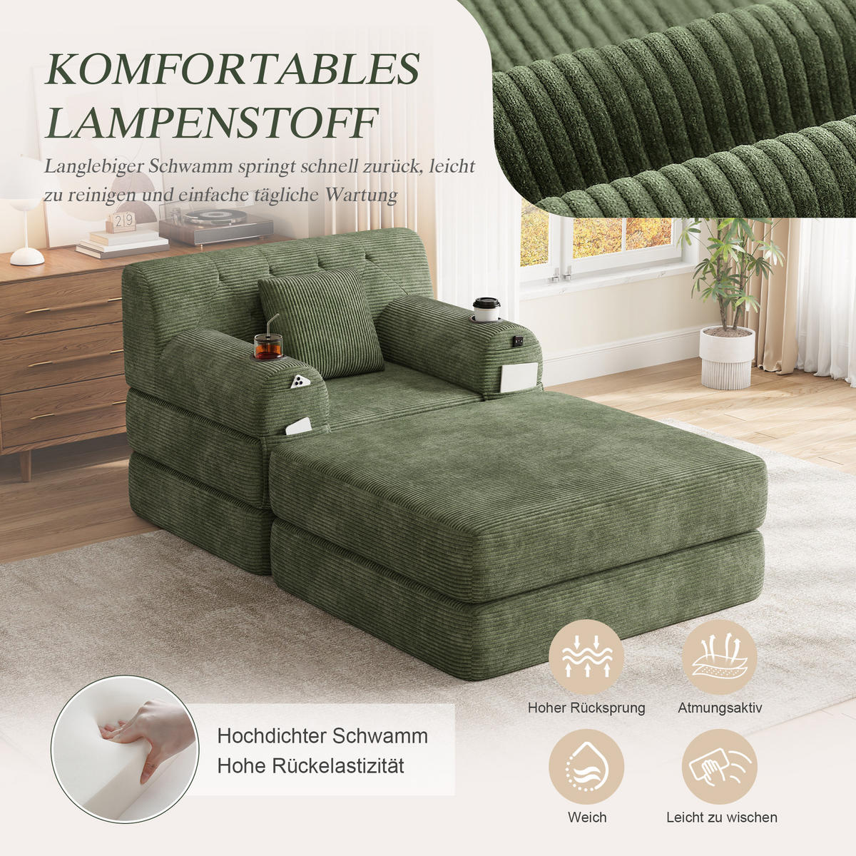 SCHLAFSOFA mit Hocker, Liegefunktion und Getränkehaltern aus Cord in Grün - Grün, Textil (191/60/162cm) - EVRYAE