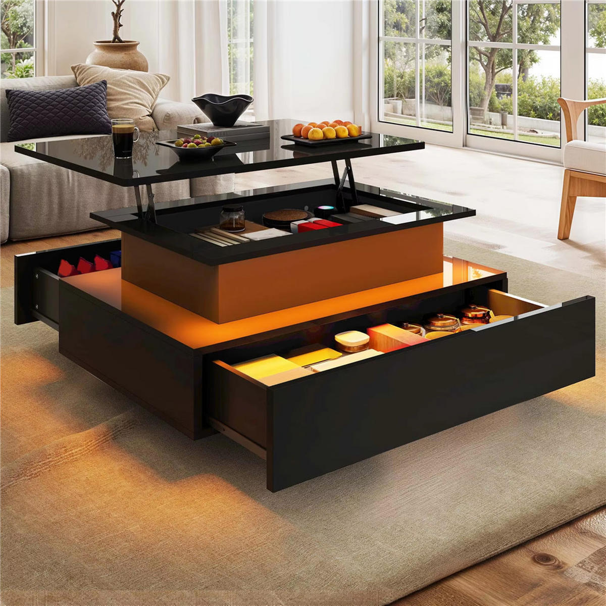 COUCHTISCH Lift-Top LED Beleuchtung 2 Schubladen Schwarz modern - Schwarz, Holz (55/85/56cm) - Kaket