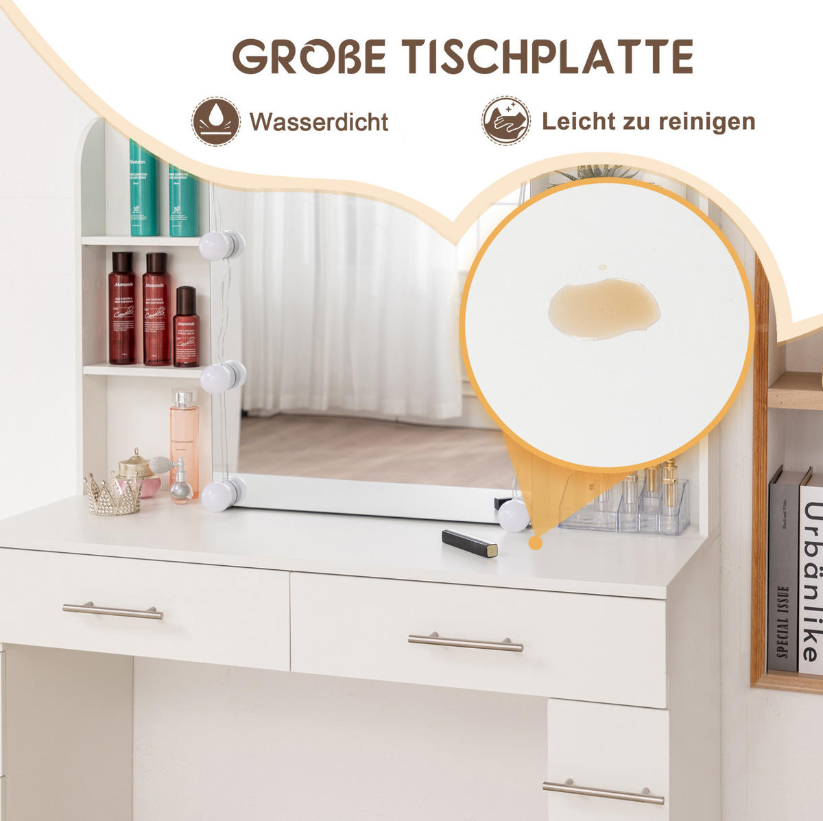 SCHMINKTISCH aus MDF 100x40x136 cm Weiß mit Schiebespiegel, verstecktem Stauraum, LED-Beleuchtung, Kommode, Eckregalen und Hocker - Weiß, Holzwerkstoff (100/136/40.5cm) - Modfu