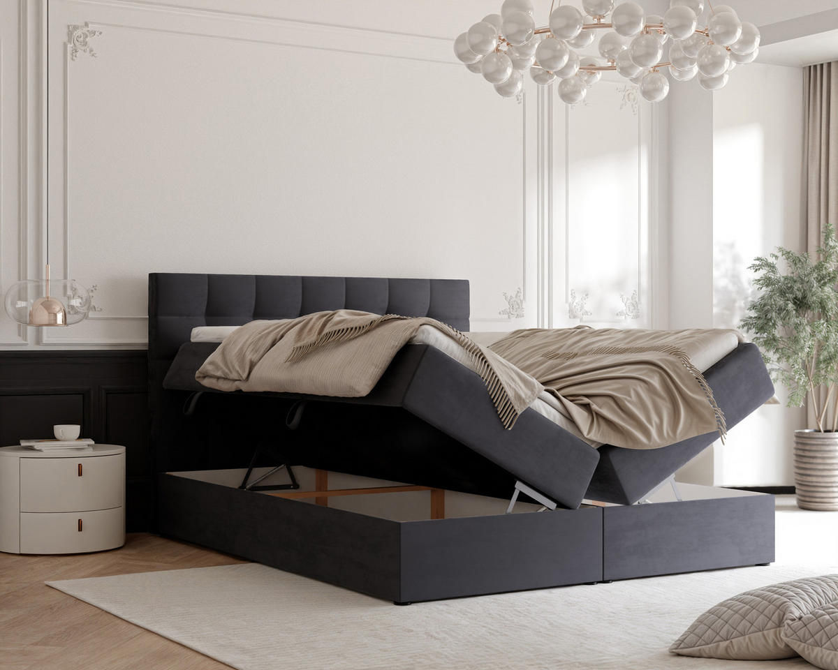 BOXBETT GRAND 140/200 cm, in Dunkelgrau, mit Matratze und Topper - Dunkelgrau, Holzwerkstoff/Textil (140/200cm) - Idohome