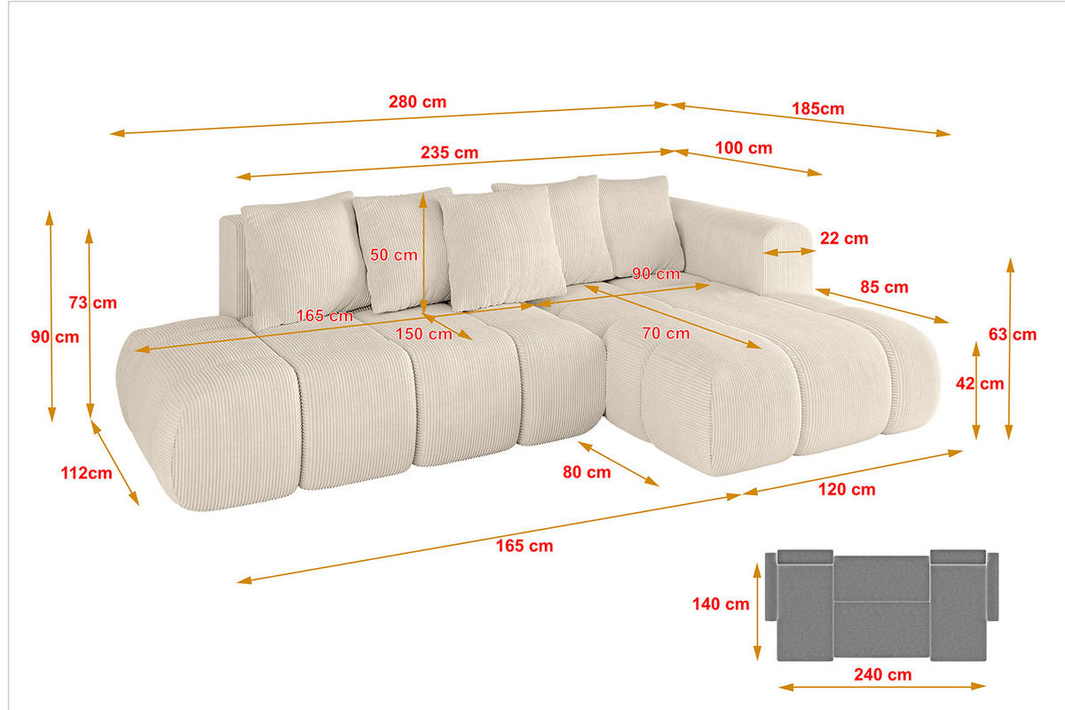 ECKSOFA Ottomane Rechts CLOUD-L-v1 280x185x90 Beige Cord - Beige, Holzwerkstoff/Kunststoff (185/280cm) - ALTDECOR