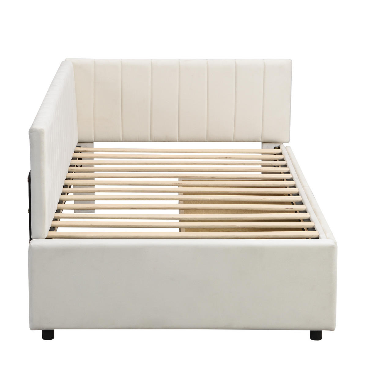 TAGESBETT aus Stoff 90x200 cm Beige mit 2 Schubladen, Lattenrost und variabler Rückenlehne - Beige, Leder (90/200cm) - Modfu