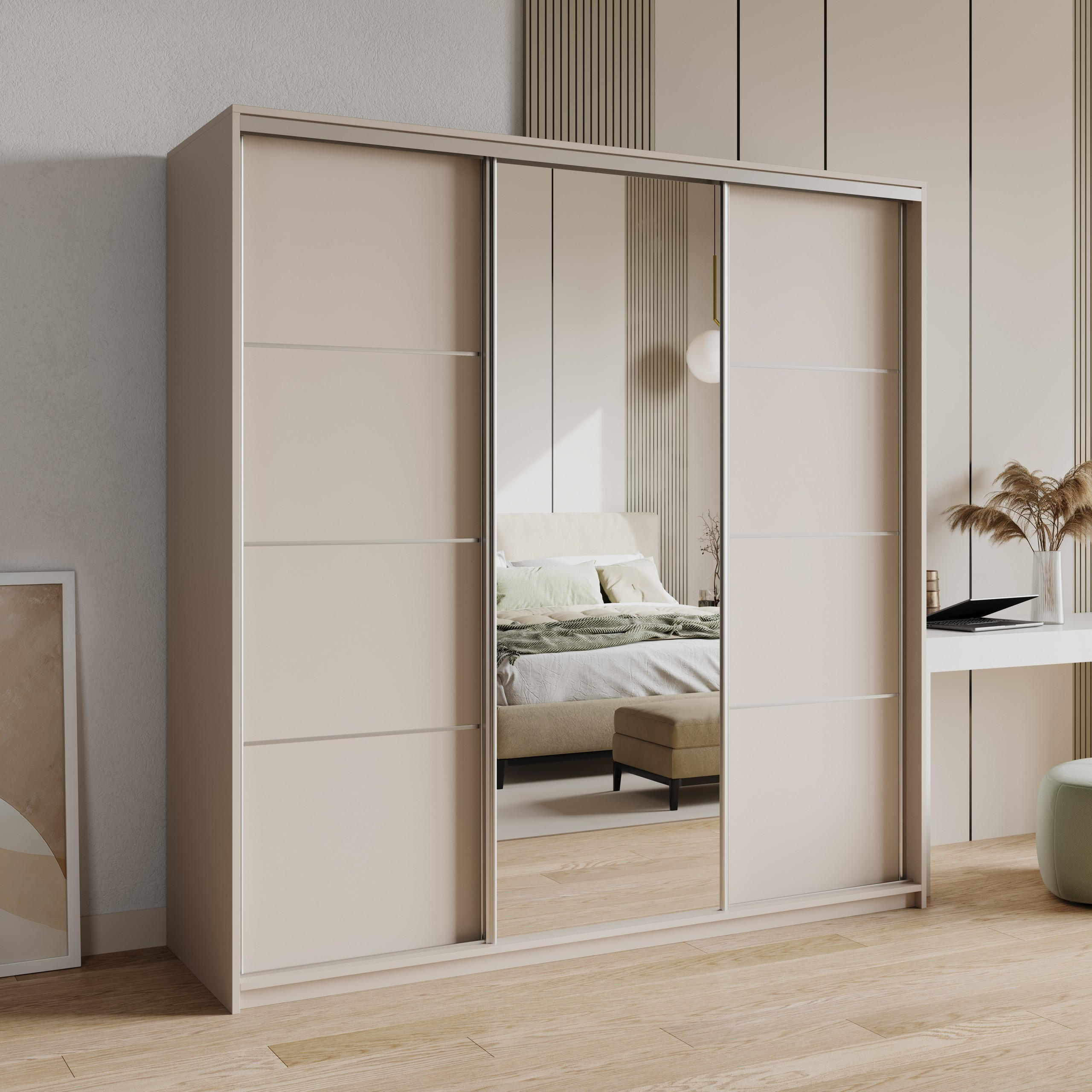 SCHWEBETÜRENSCHRANK VARO 200/205/60 cm 3-türig mit Spiegel Kaschmir - Kaschmir, Holzwerkstoff (200/205/60cm) - MASSENO