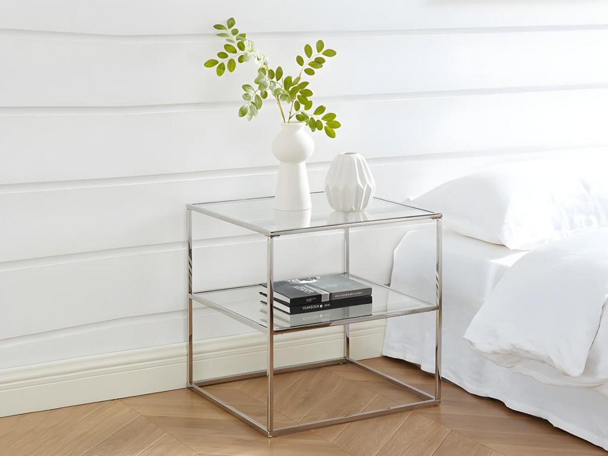 2ER-SET Nachttische mit 1 Ablage - Glas & Stahl - Silberfarben - KOHANA - Silberfarben, Metall (50/50/50cm) - Vente-Unique