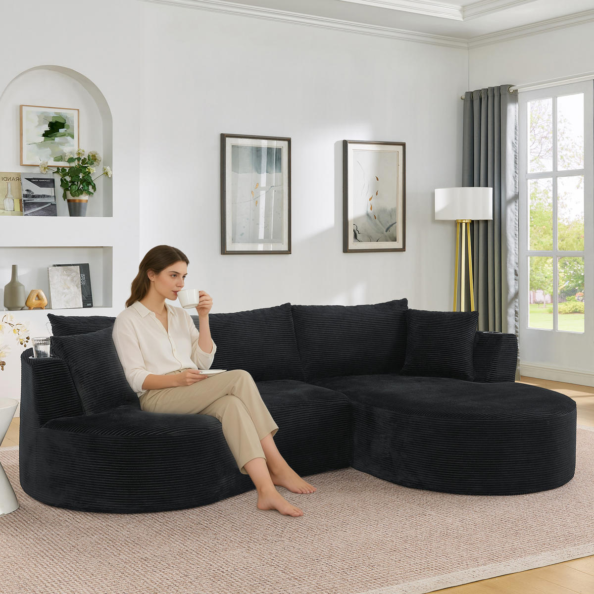 3-SITZER ECKSOFA Cord Schwarz mit Getränkehaltern und Kissen - Schwarz, Textil (264/168cm) - WISHDOR