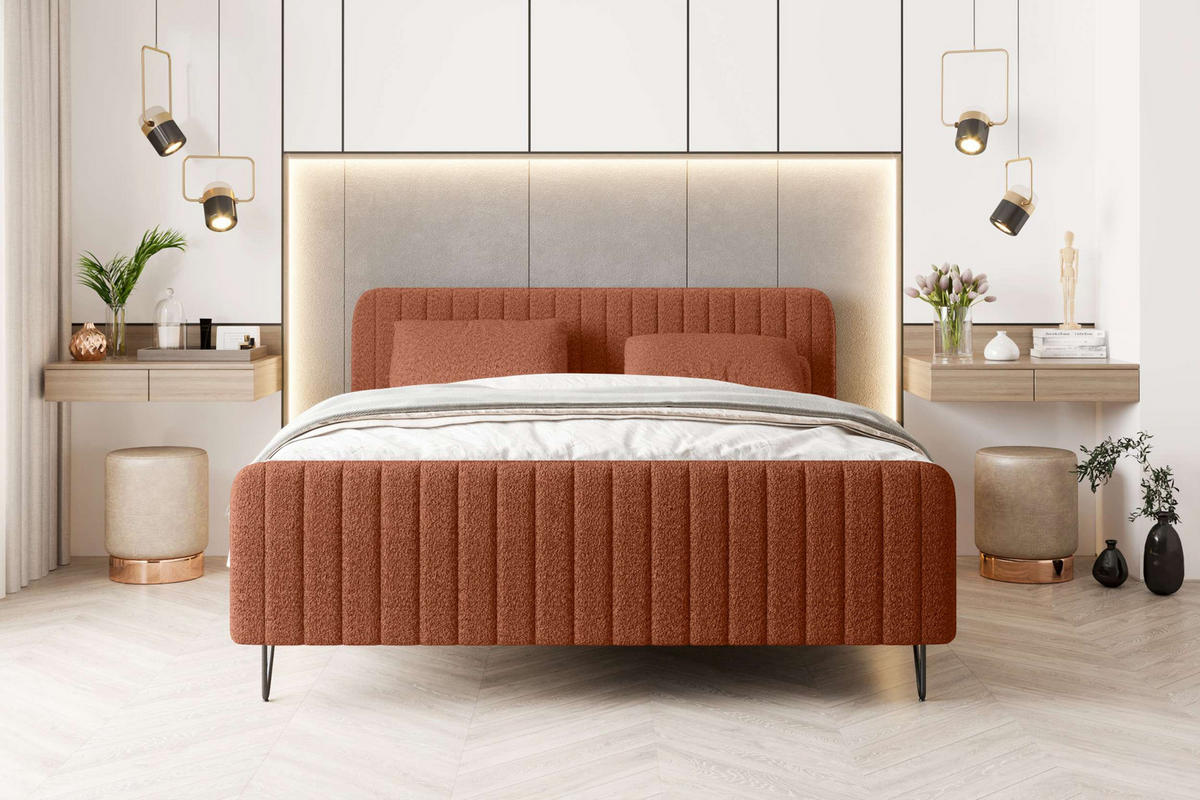 BOXSPRINGBETT LUCIO Bouclé-Stoff Terracotta 160/200 cm - Terracotta/Schwarz, Textil/Metall (160/200cm) - 99rooms