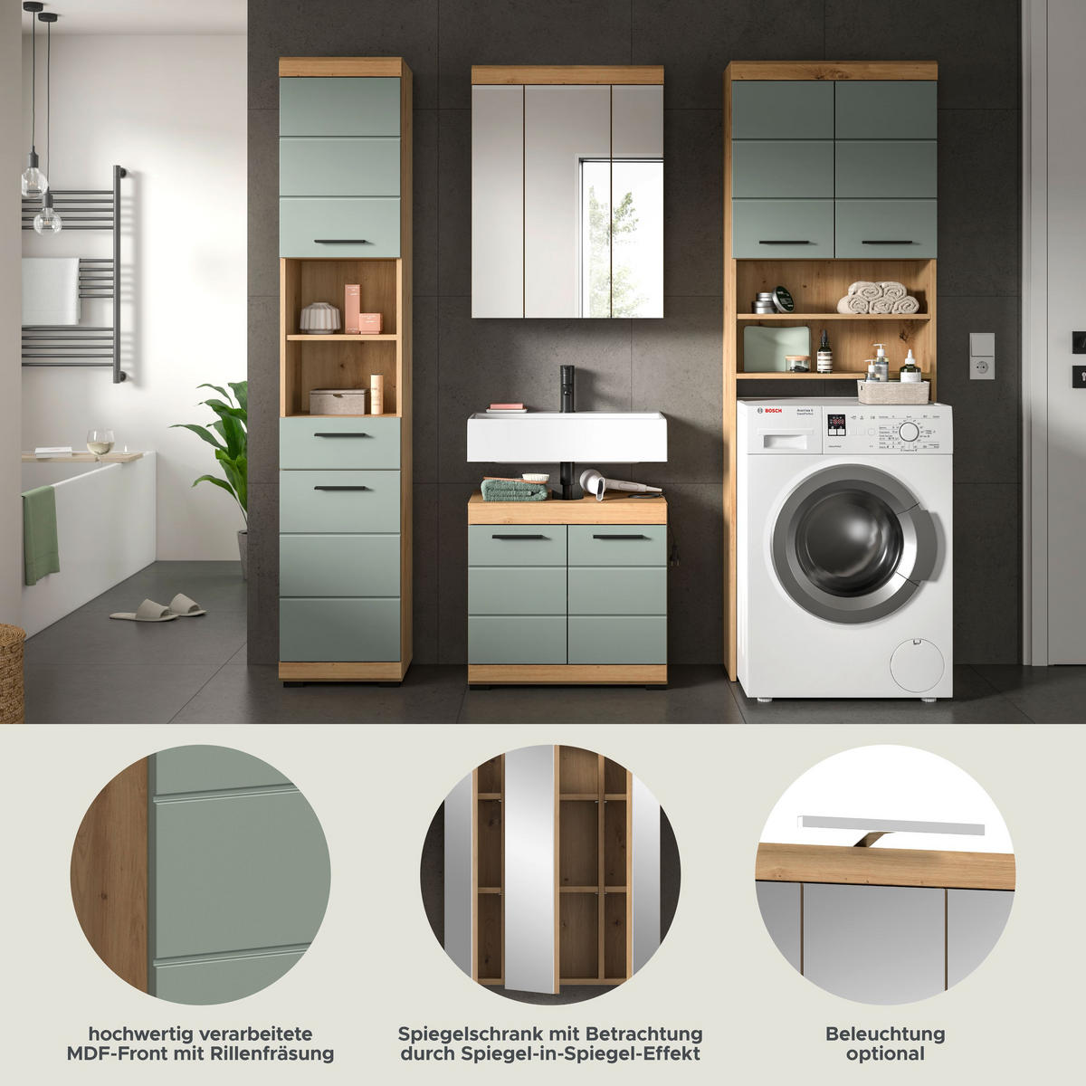 BADKOMBINATION 4tlg. Scout Bad in Artisan Eiche Nachbildung und Salbei Nachbildung B/H/T: 190x191x34 cm - Eiche Artisan, Holz (190/191/34cm)