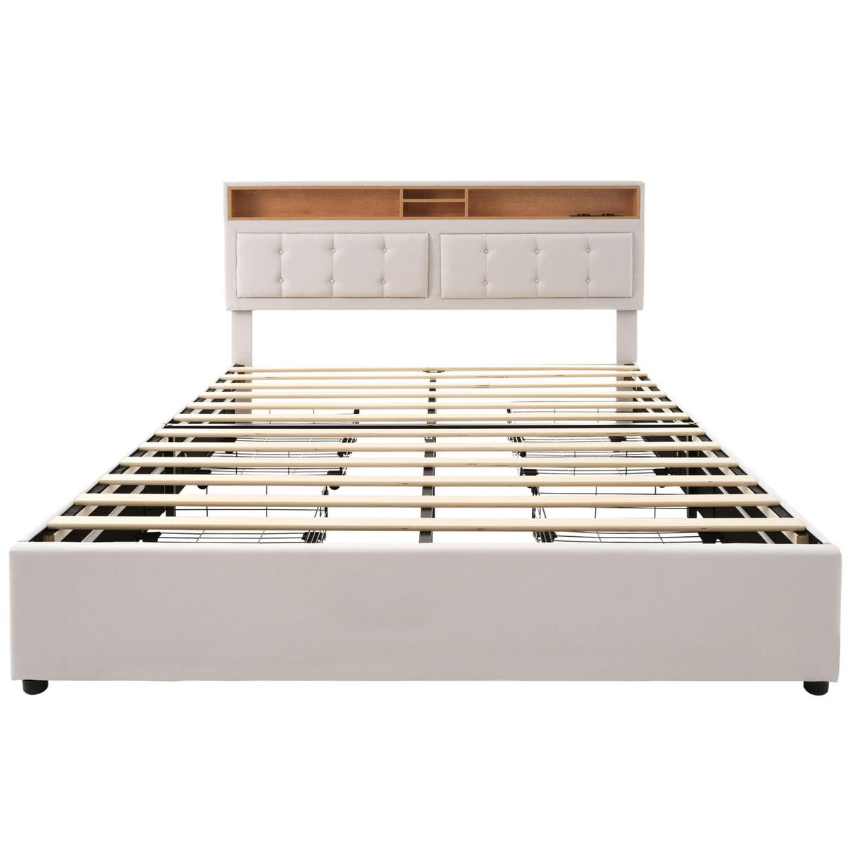 POLSTERBETT 160/200 cm mit 4 Schubladen, USB-C und verstellbarem Kopfteil - Beige, Textil (160/200cm) - BEAOK