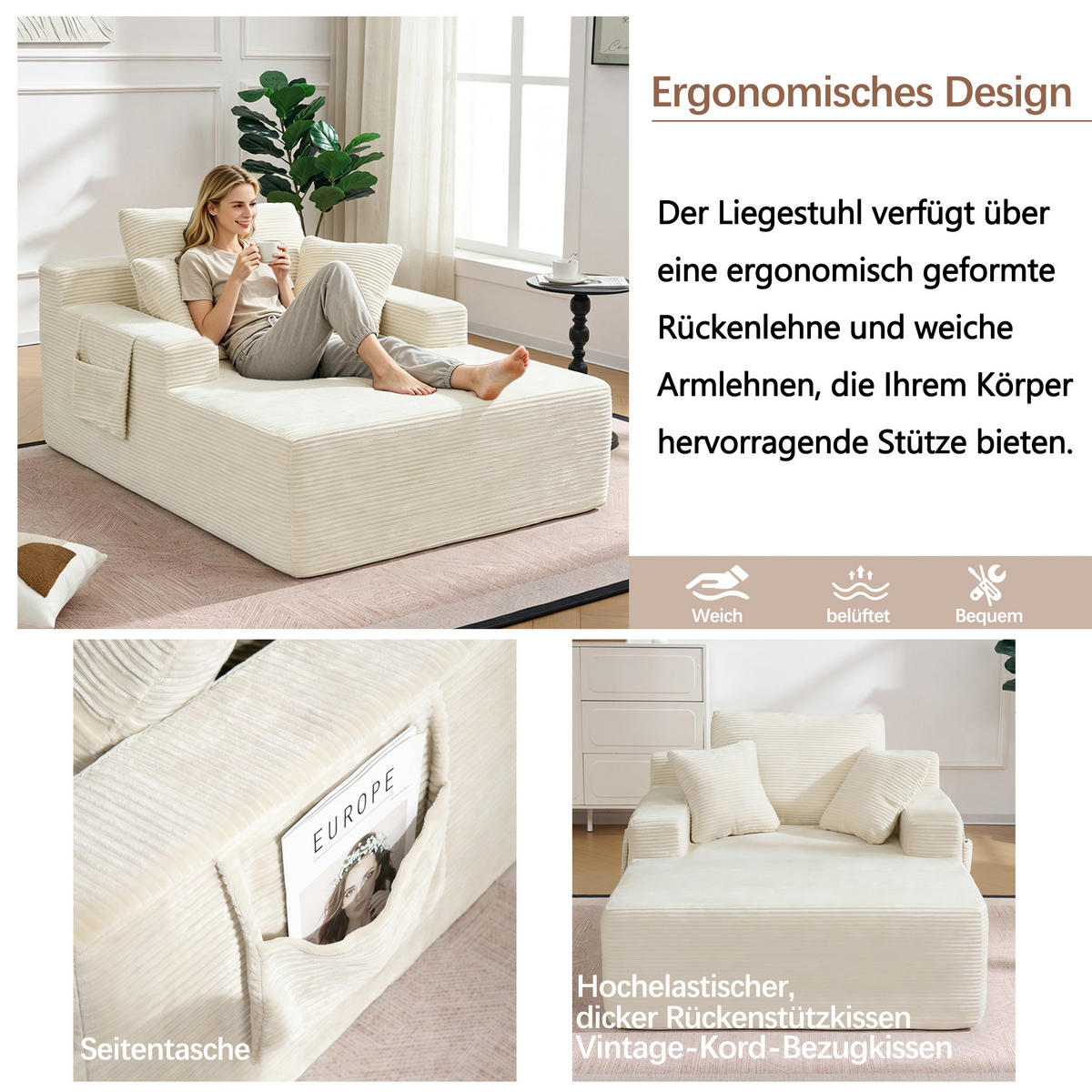 SCHLAFSOFA aus Cord mit Seitentaschen und weichen Sitzkissen - Beige, Textil (110/150/70cm) - EVRYAE