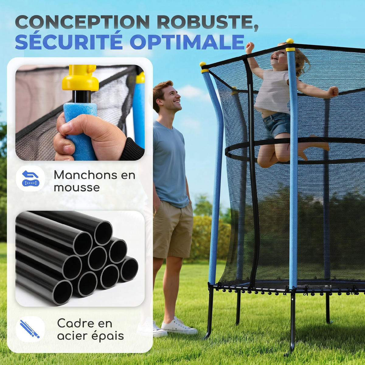 TRAMPOLIN DE-18991 Ø163 cm mit Sicherheitsnetz und Leiter Blau/Schwarz - Blau, Metall (163.5/163.5cm) - ComfortXL