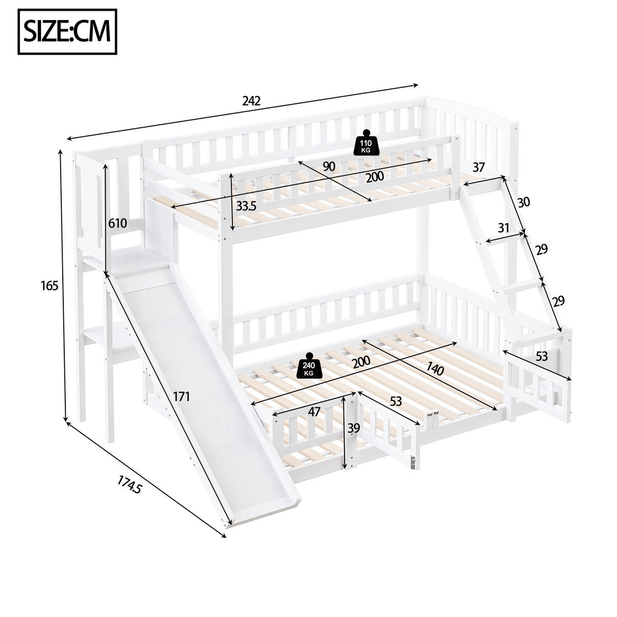 ETAGENBETT 140/200 cm Weiß aus Kiefernholz mit Rutsche und Regalen - Weiß, Holz (140/200cm) - OKWISH