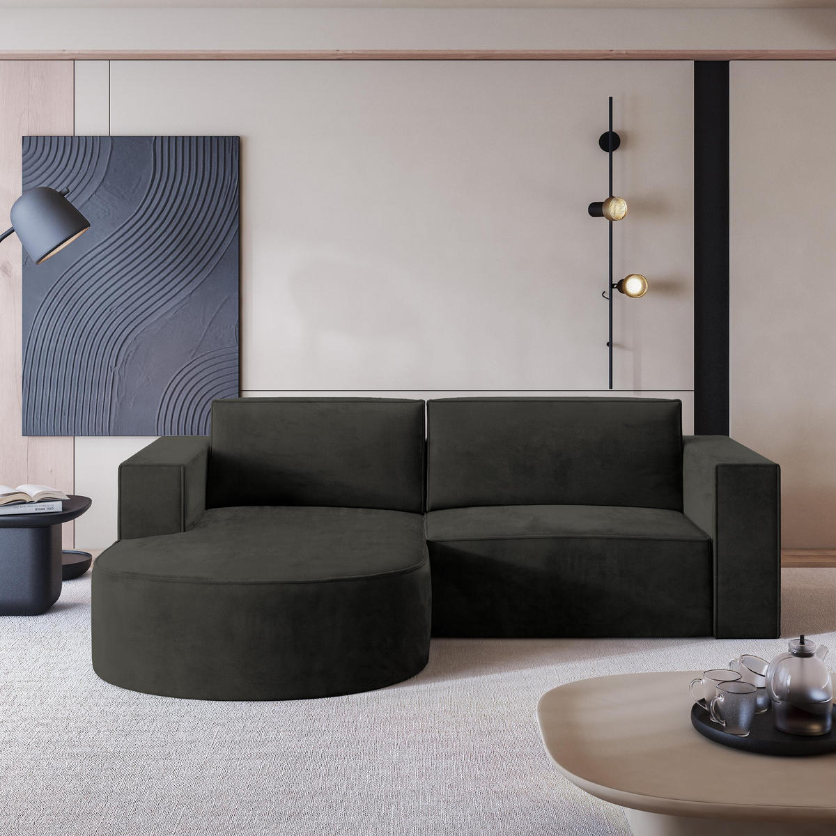 ECKSOFA SORELA M L-S Schwarz Velours-Stoff mit Schlaffunktion - Schwarz, Holz (263/174cm) - MASSENO