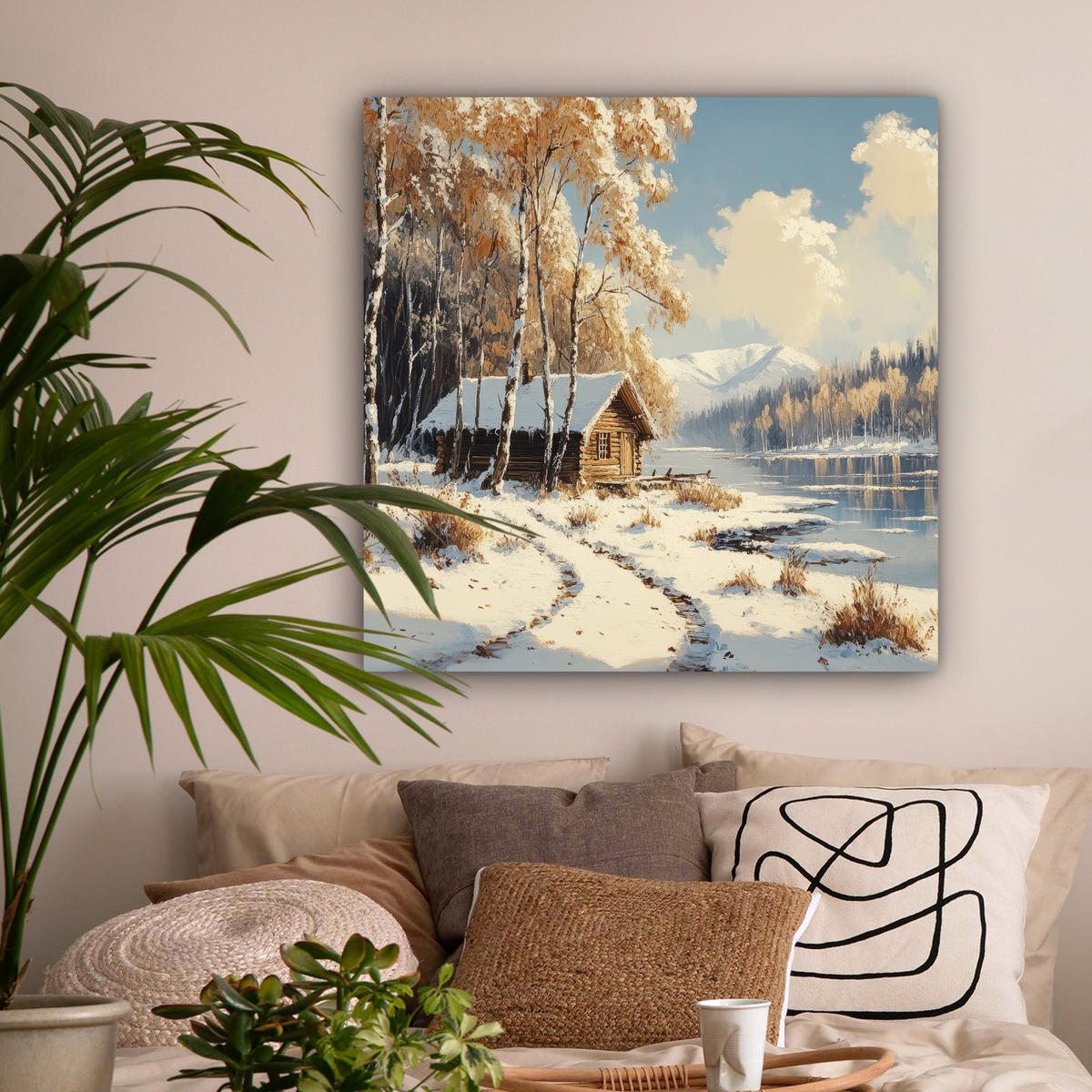 LEINWANDBILD Winter - Schnee - Zuhause - Natur Deko Groß 90x90 cm - Hellbraun, Textil (90/90cm) - MuchoWow