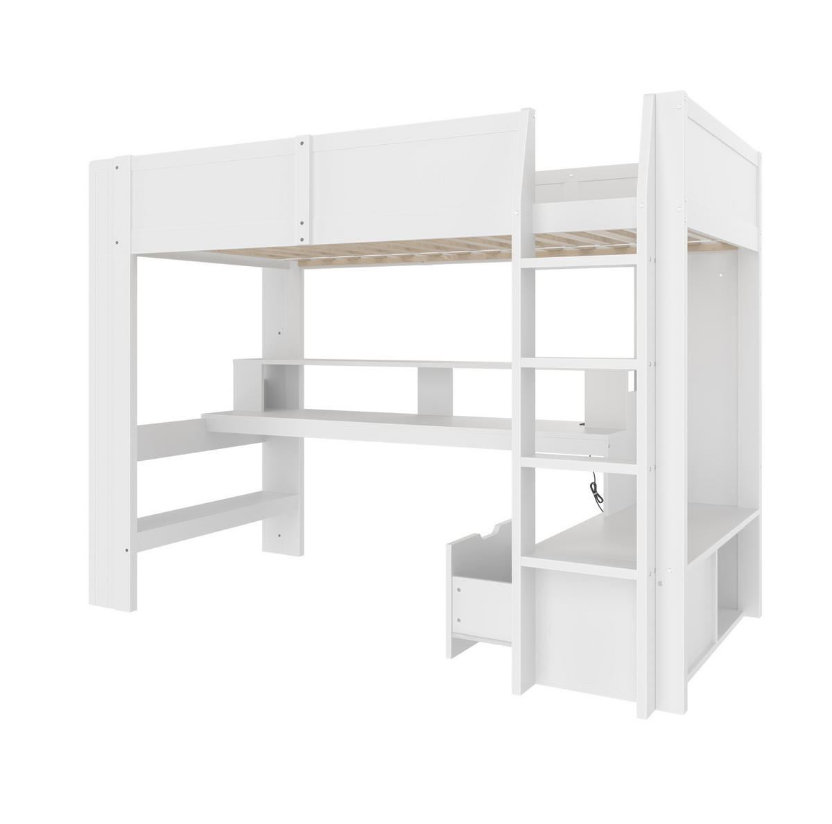 HOCHBETT 90/200 cm mit Schreibtisch, Regal, Schublade und LED-Beleuchtung aus Kiefernholz, Weiß - Weiß, Holz (90/200cm) - Redom