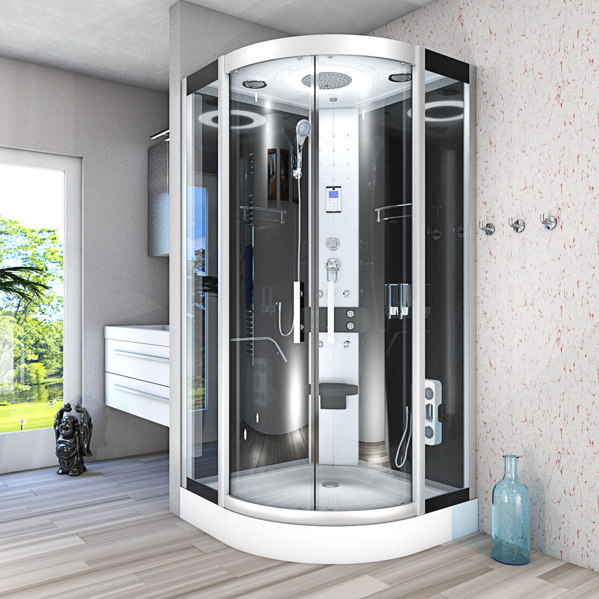 FERTIGDUSCHE Dusche D58-13T0-EC Schwarz 90x90 - Schwarz, Glas/Kunststoff (90/90/215cm) - AcquaVapore by Sandra Jentho