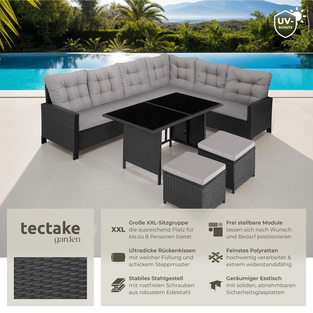 RATTANLOUNGE Barletta,mit Sicherheitsglasplatten,schwarz - Schwarz, Kunststoff - tectake