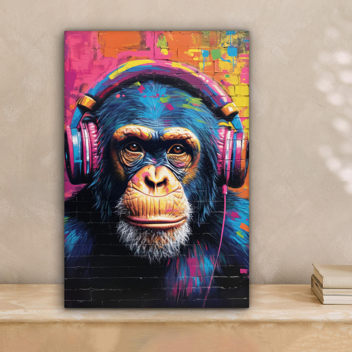LEINWANDBILD Graffiti - Schimpanse - Straßenkunst - Kopfhörer - Affe Deko Wohnzimmer 20x30 cm - Blau, Textil (20/30cm) - MuchoWow