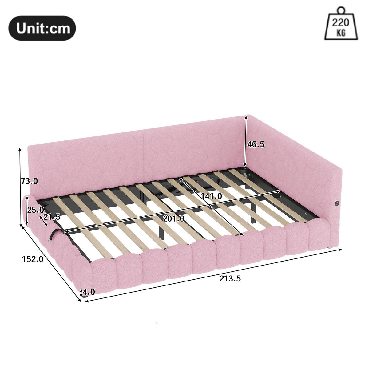 TAGESBETT 140/200 cm mit LED-Lichtleiste, USB, Typ-C und hydraulischem Bettkasten, Vliesimitat, Rosa - Rosa, Textil (140/200cm) - Redom