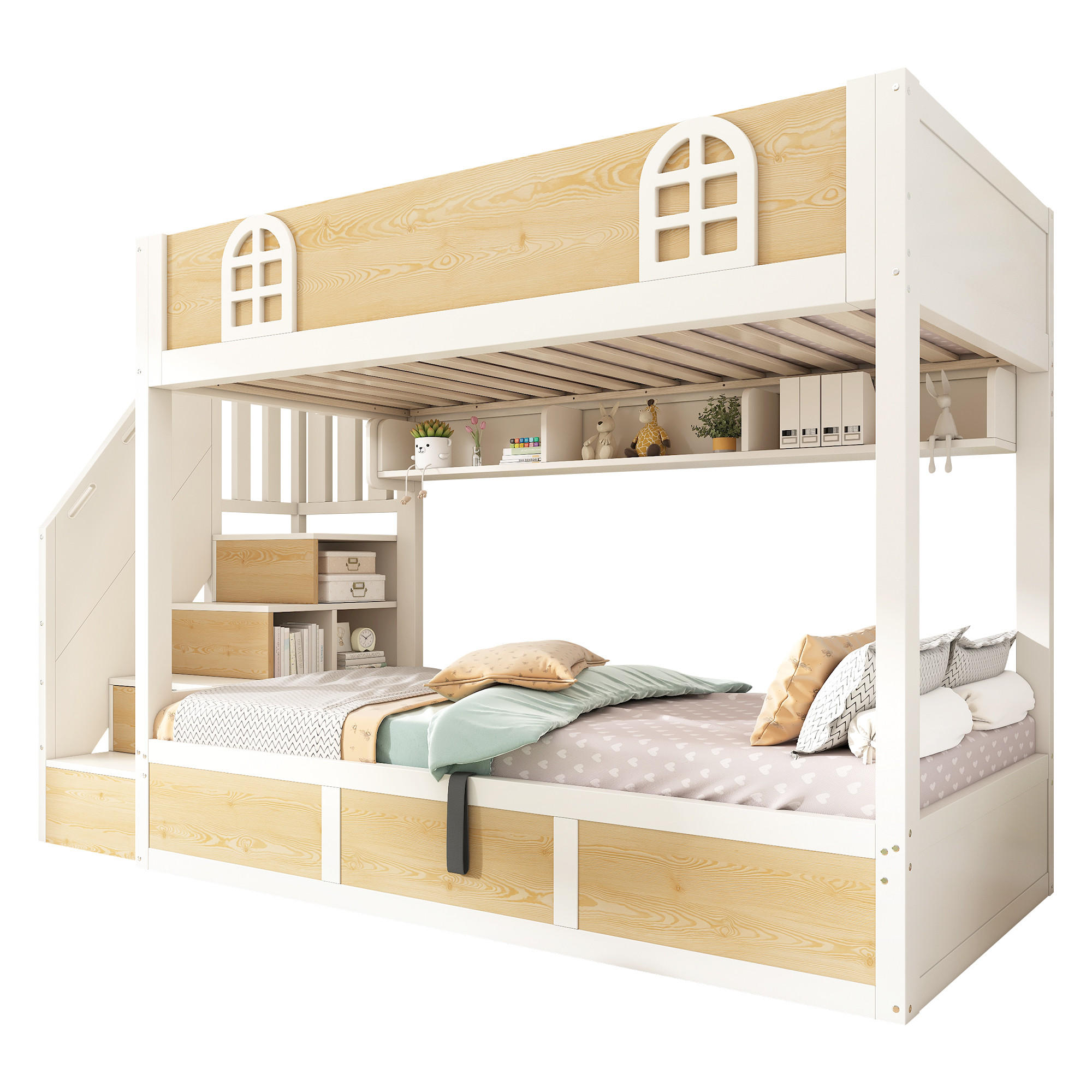 STILVORA ETAGENBETT 90/200 cm & 90/200 cm in Weiß & Natur mit Treppenschrank und Stauraum
