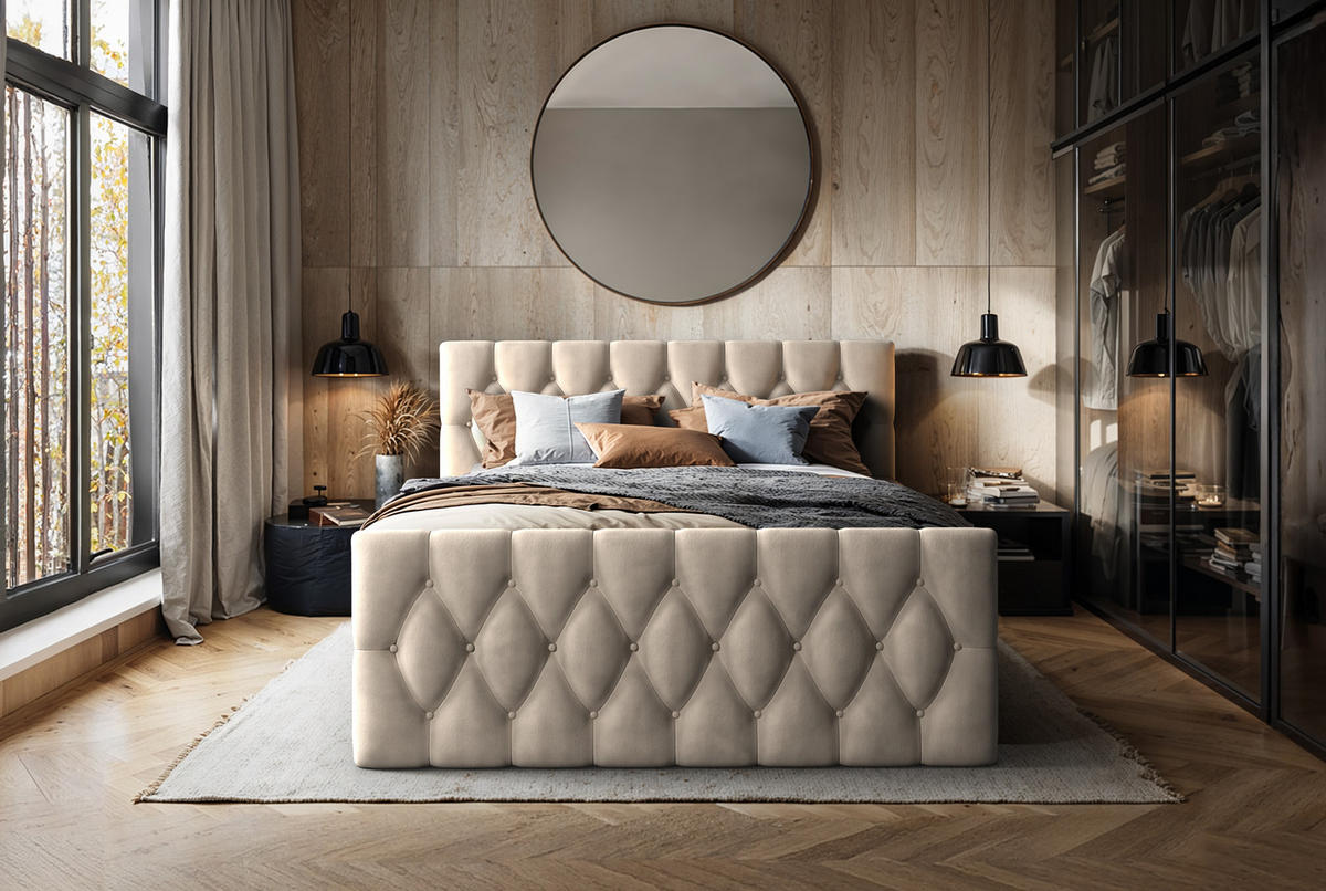 BOXSPRINGBETT Eleganz 180x200 cm in Beige mit Bettkasten und beidseitiger Matratze - Beige, Textil (180/200cm)