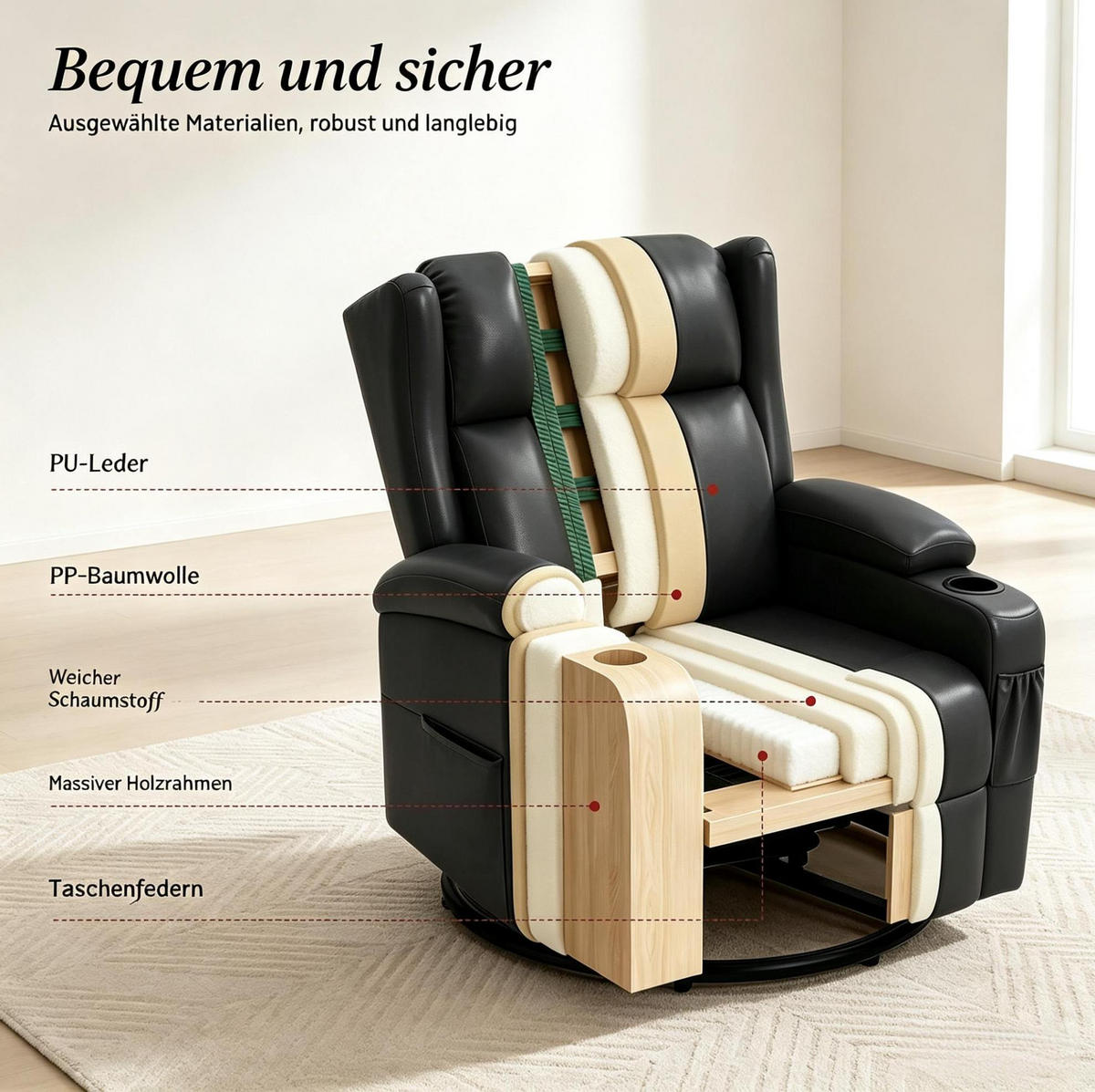 RELAXSESSEL in Schwarz 94,5x87x103,5 cm mit Dreh- und Wippfunktion - Schwarz, Textil (87/103.5/94.5cm) - IVMEU