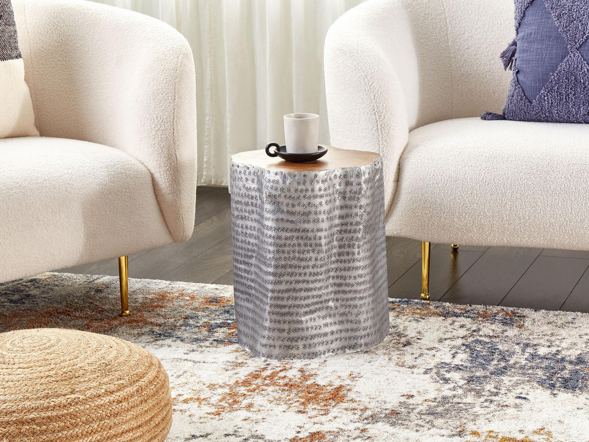 COUCHTISCH Teakholz braun/silber zylindrisch Gordon - Hellbraun/Silberfarben, Holz (37/39/46cm) - Beliani