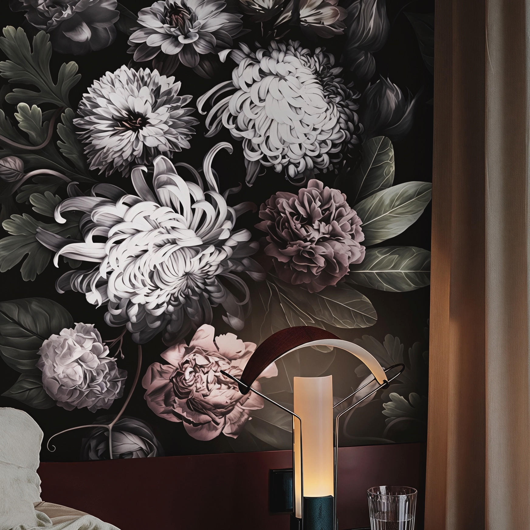 TAPETE Dark Floral aus echtem Papier, 200x280cm, 8 Bögen - Schwarz, Papier (200/280cm) - WALLPAPERS4BEGINNERS