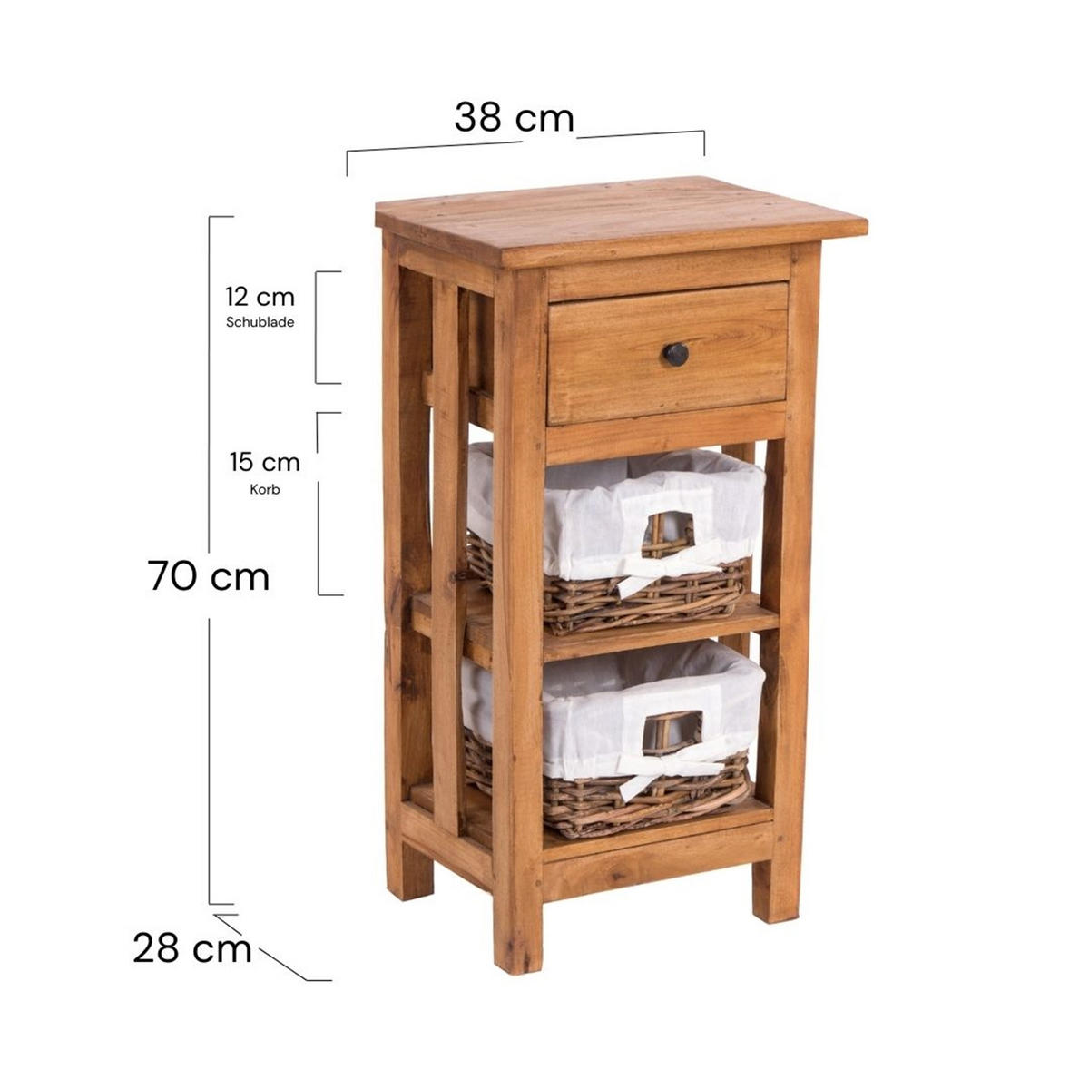 TELEFONTISCH RATTAN 70 mit 2 Rattan-Körben und Schublade, Mahagoni massiv 08 honigfarben gewachst - Honig, Holz (28/38/70cm) - DESIGN DELIGHTS