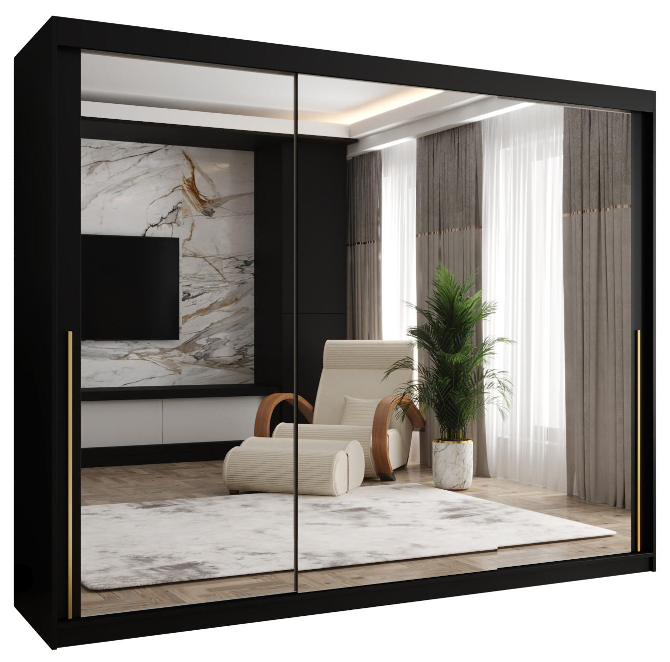 SCHWEBETÜRENSCHRANK mit Spiegel 250 cm Breite, schwarz mit goldenem Griff - Goldfarben/Schwarz, Holzwerkstoff (250/200/62cm) - Home Collective