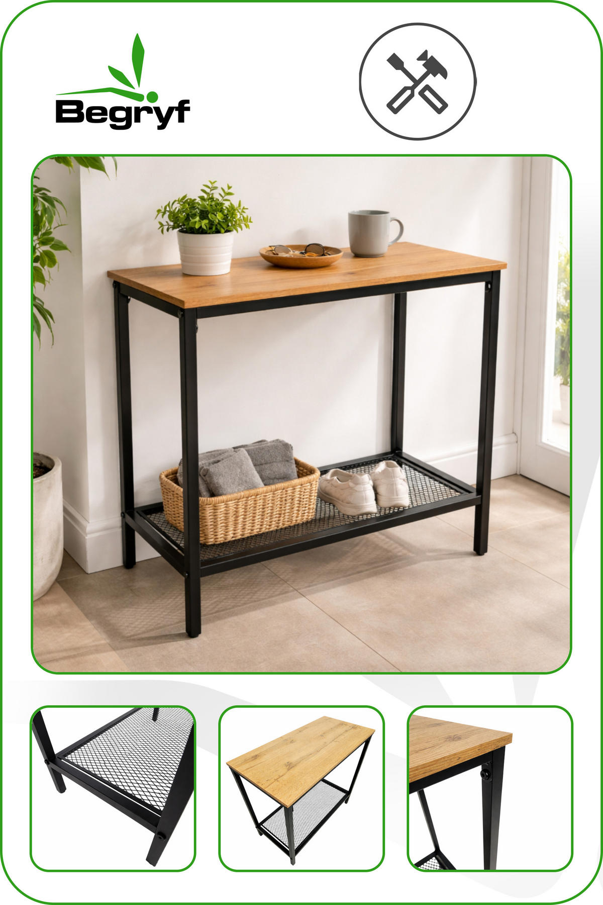 KONSOLENTISCH Holzoptik Metall Eichefarben Schwarz mit Ablage 60x30x60 cm - Eichefarben/Schwarz, Holzwerkstoff/Metall (30/60/60cm) - Begryf