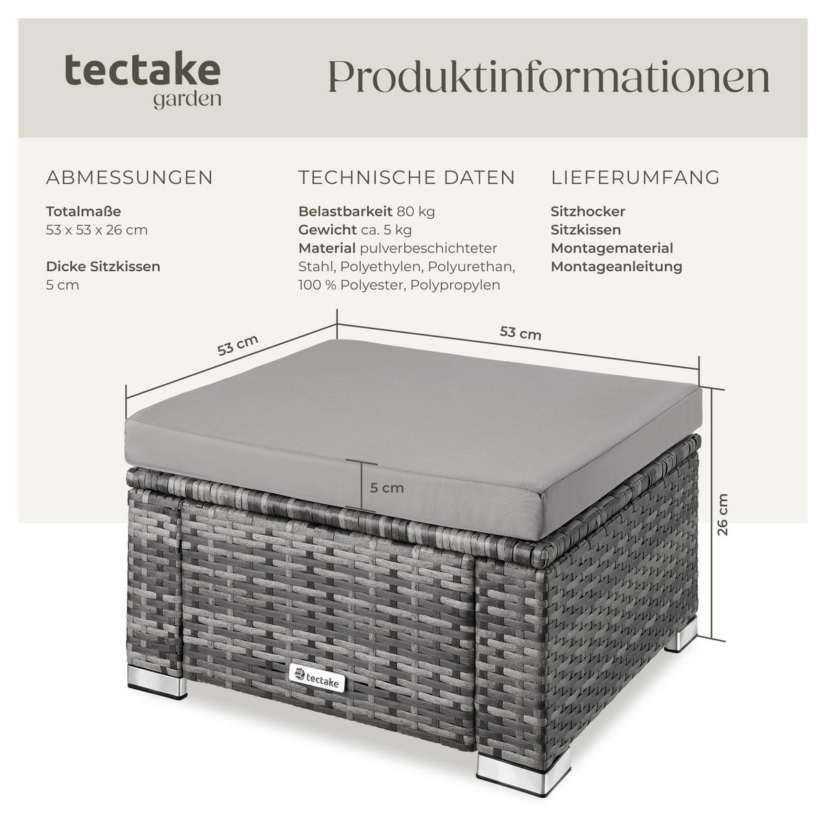 RATTAN-SITZHOCKER Bitonto,53 x 53 x 26 cm, grau - Grau, Kunststoff (53/26/53cm) - tectake