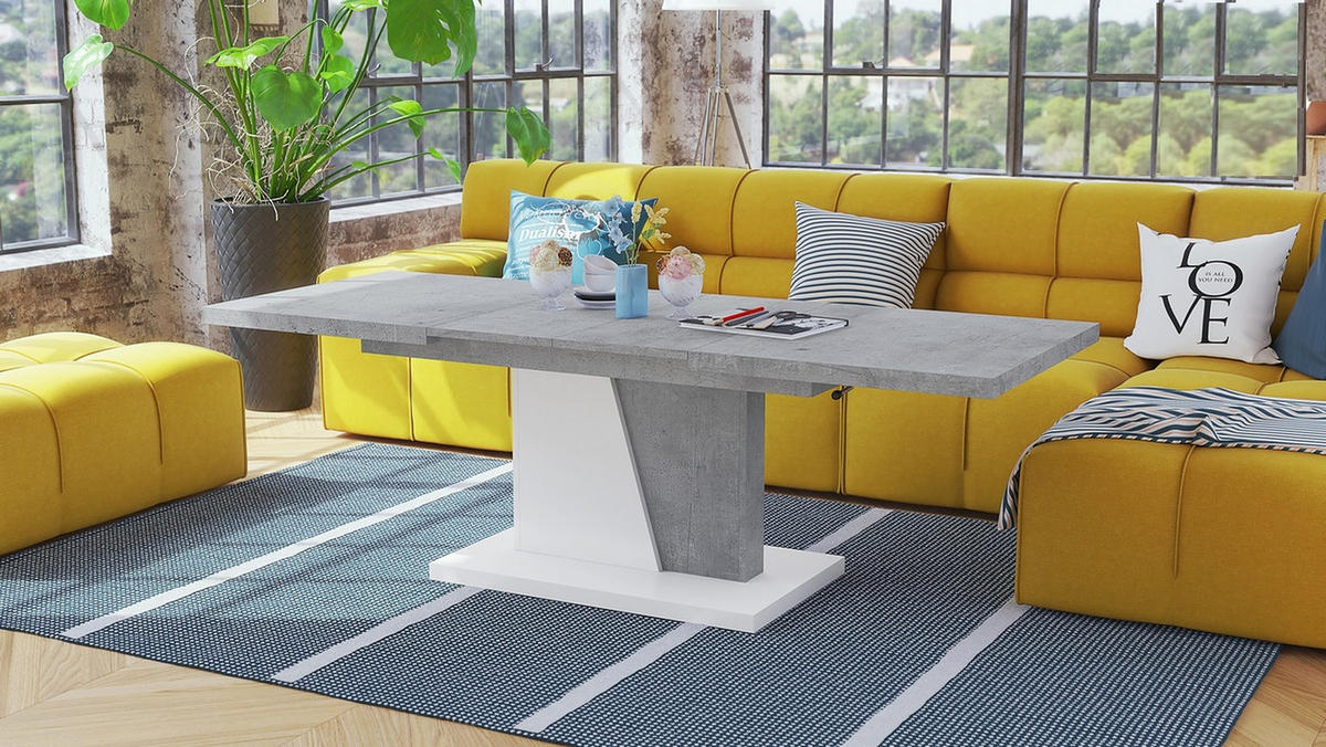 COUCHTISCH rechteckig Beton - Weiß ausziehbar höhenverstellbar - Hellgrau/Weiß, Holzwerkstoff (70/120/60cm) - designimpex