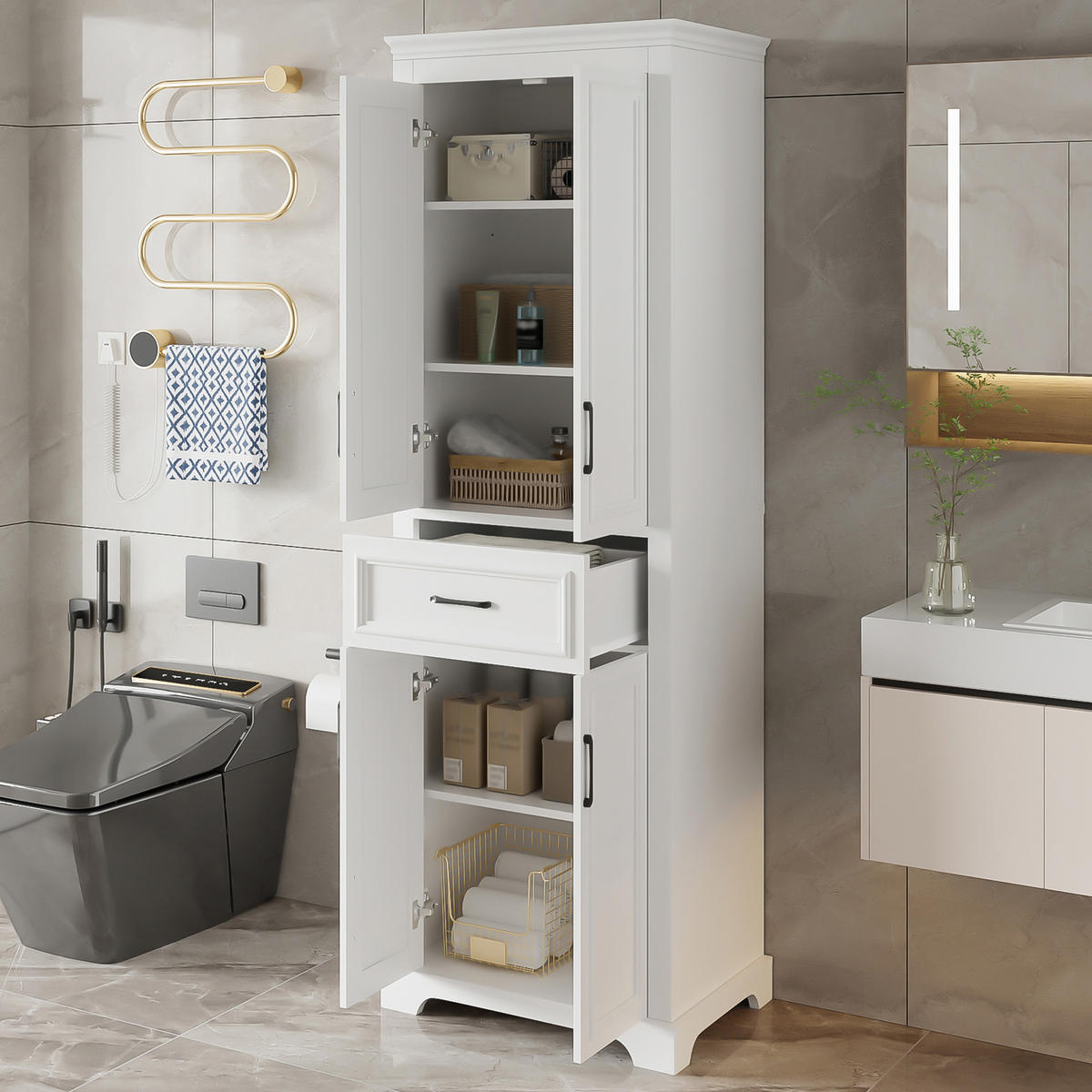 BUFFET Badschrank mit 3 Schubladen & Einlegeboden, Weiß, Einheitsgröße / MDF - Weiß, Holzwerkstoff (57.4/182/37.8cm) - EVRYAE