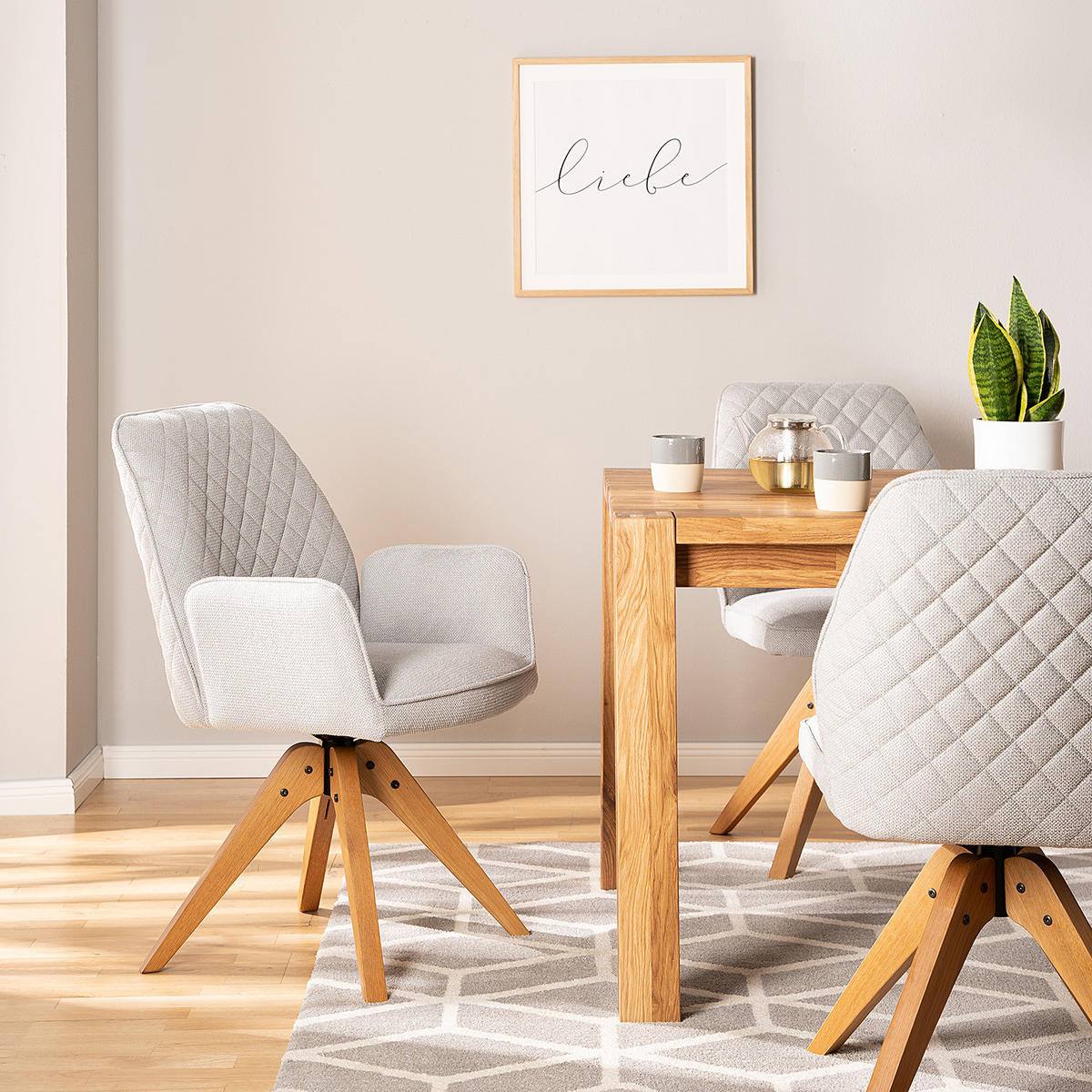 DREHBARER ARMLEHNENSTUHL - Strukturstoff / Eiche massiv - Hellgrau / Eiche - Hellgrau, Eichenholz/Holz (59/88/63cm) - home24