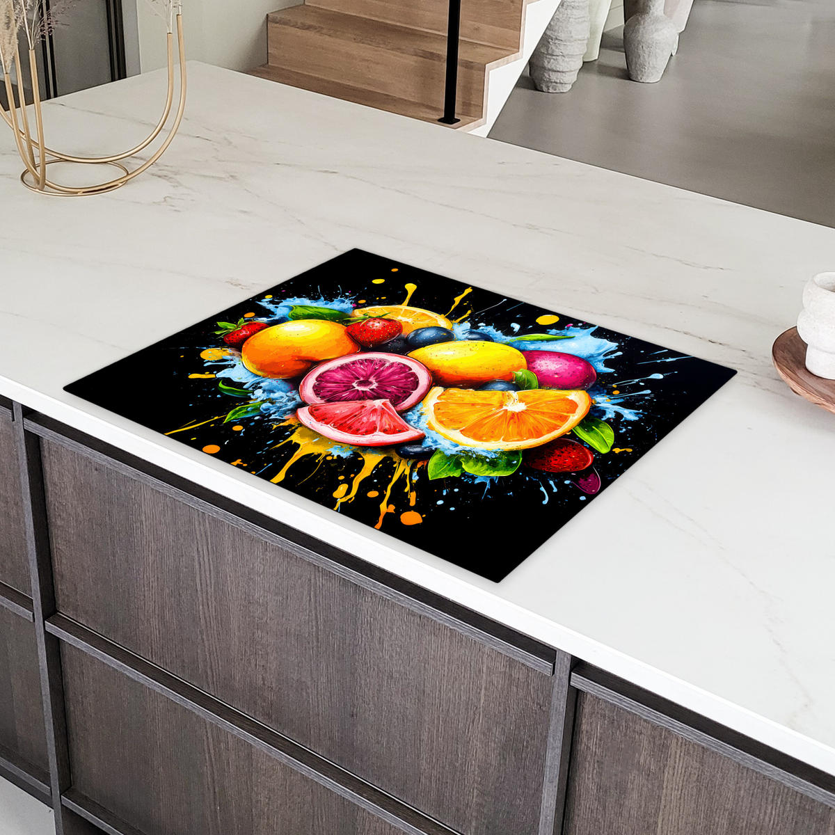 HERDABDECKPLATTE Obst - Graffiti - Bunt - Orange - Erdbeere - Abstrakt 77x59 cm - Orange, Kunststoff (77/0.2/59cm) - MuchoWow