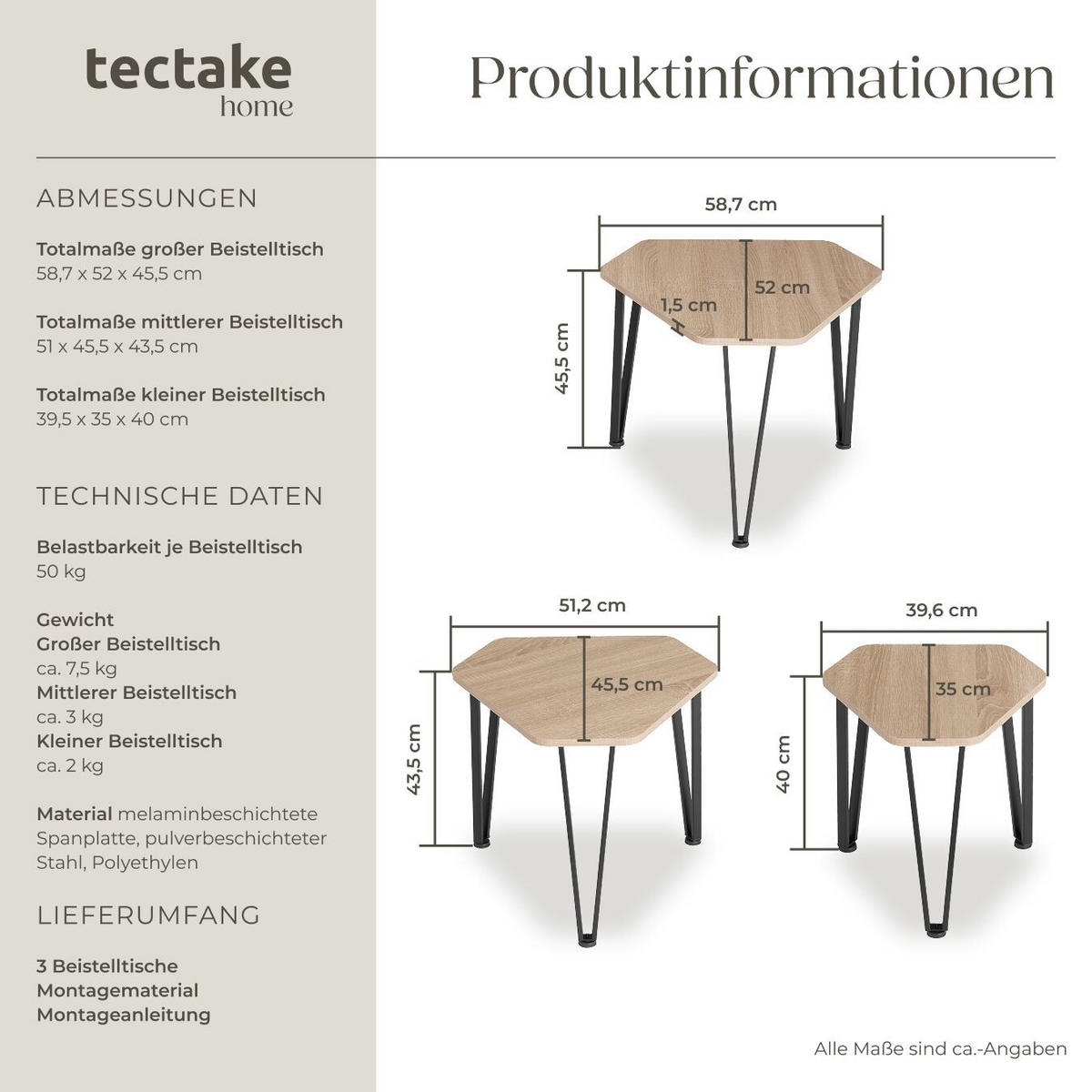 BEISTELLTISCH-SET Torquay,stapelbar,Industrial Holz hell, Eiche Sonoma - Naturfarben, Holzwerkstoff (58.7/52/45.5cm) - tectake