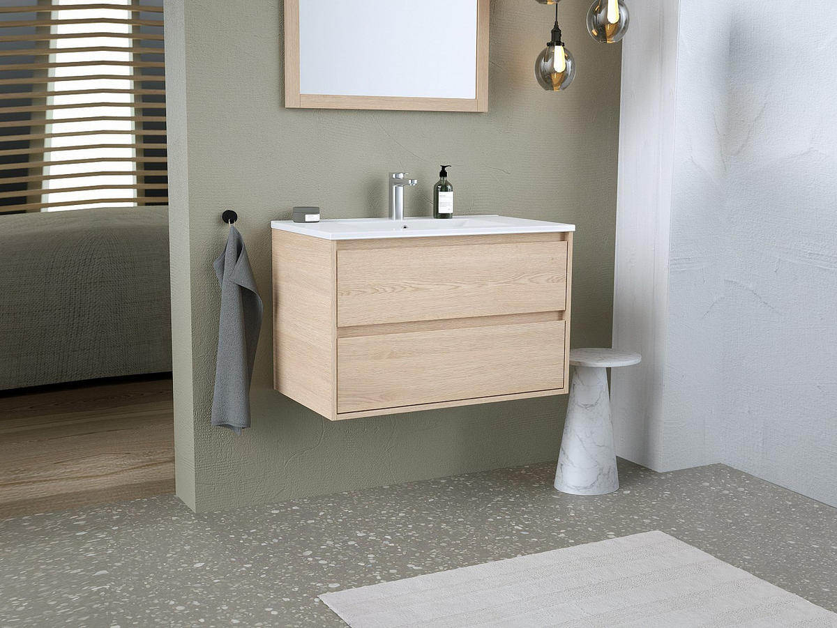 EINZELWASCHTISCH - 80 cm x 45 cm - holz - naturfarben hell Milipam - Weiß, Keramik/Holz (80/50/45cm) - Vente-Unique